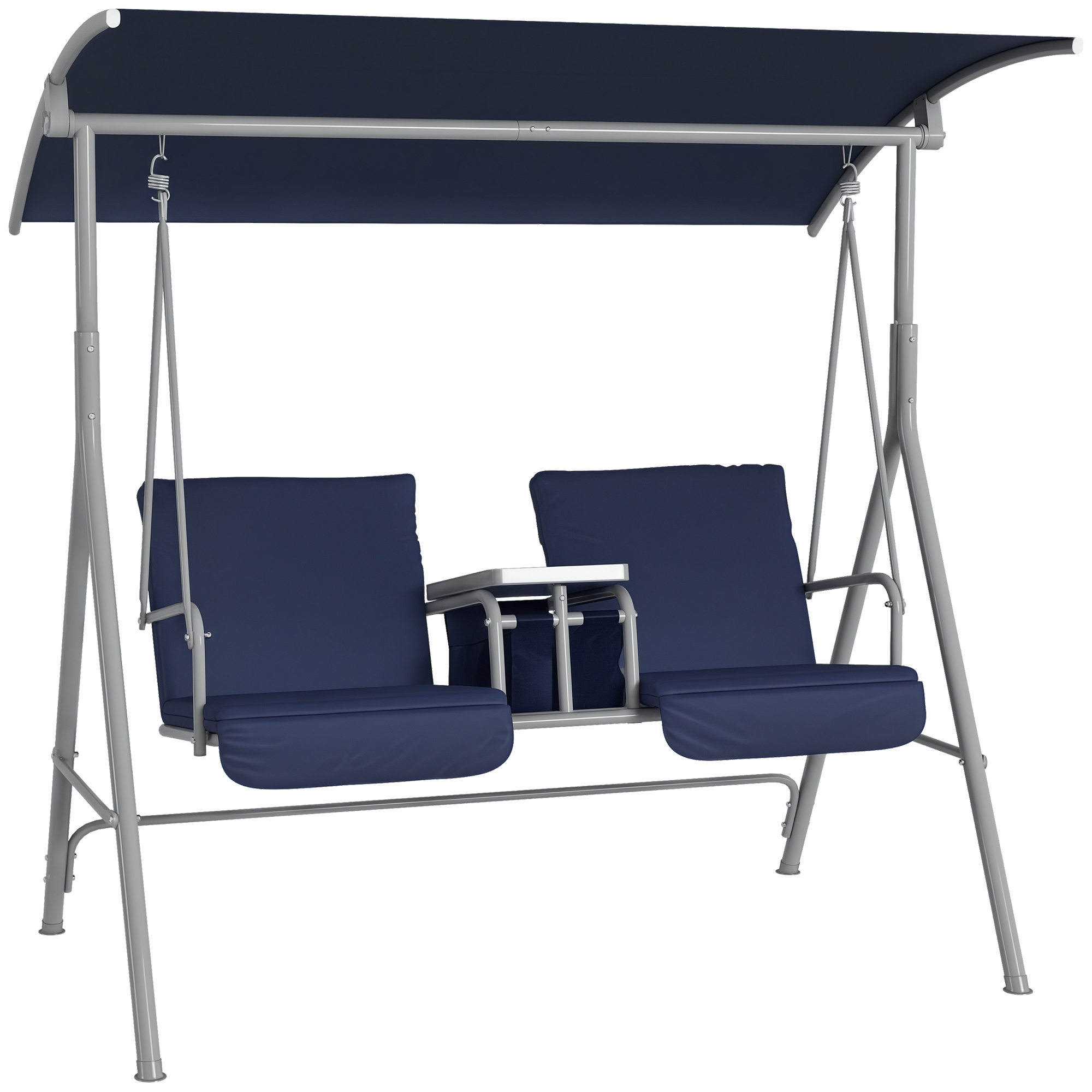 2-Seater Outdoor Porch Swing with Canopy and Table, Patio Swing Chair for Garden, Poolside, Backyard, Dark Blue (Drop Shipping Only, Not for Amazon)