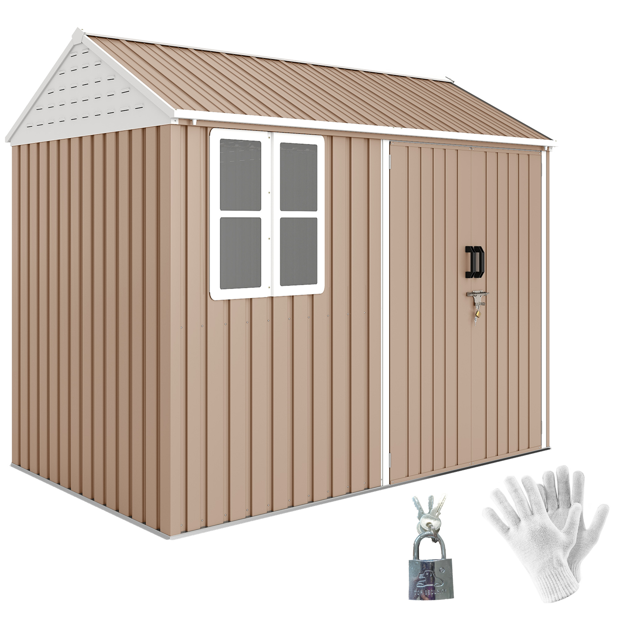 8' x 6' Metal Garden Storage Shed, Extra Large Outdoor Tool Storage House w/ Doors, Window and Air Vents, Brown (Drop Shipping Only, Not for Amazon)