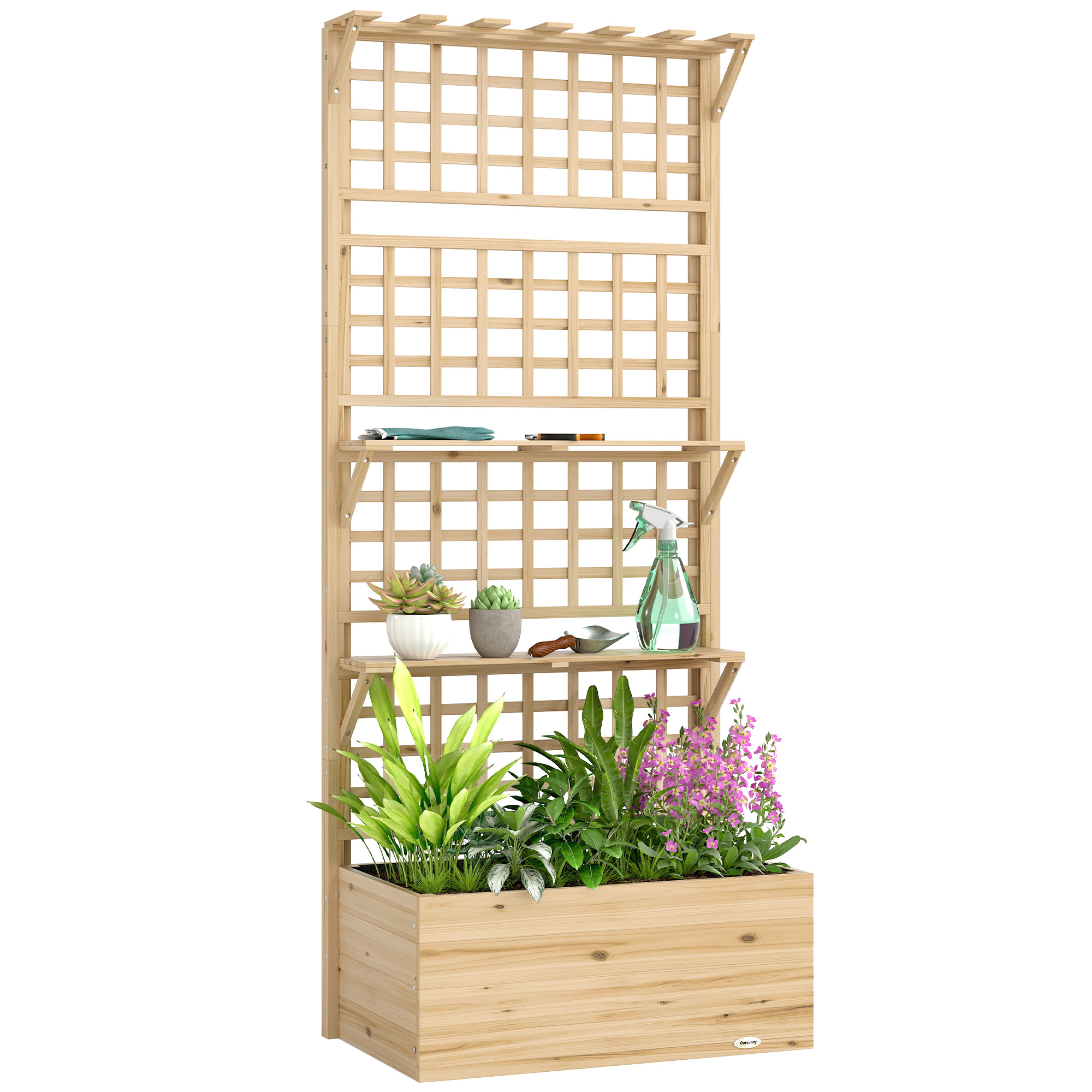 Wooden Raised Garden Bed with Trellis and Roof, Elevated Planter Box with 2 Shelves, Drainage Hole and Liner, Natural (Drop Shipping Only, Not for Amazon)
