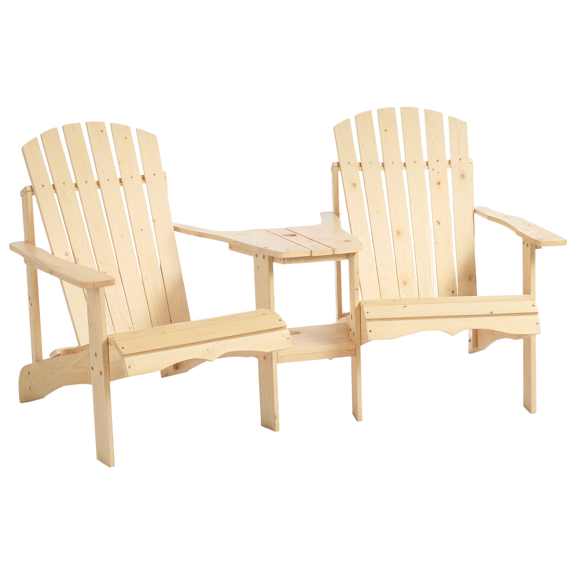 Wooden Outdoor Double Adirondack Chairs Loveseat w/ Centre Table and Umbrella Hole, Garden Patio Furniture for Lounging and Relaxing, Natural (Drop Shipping Only, Not for Amazon)
