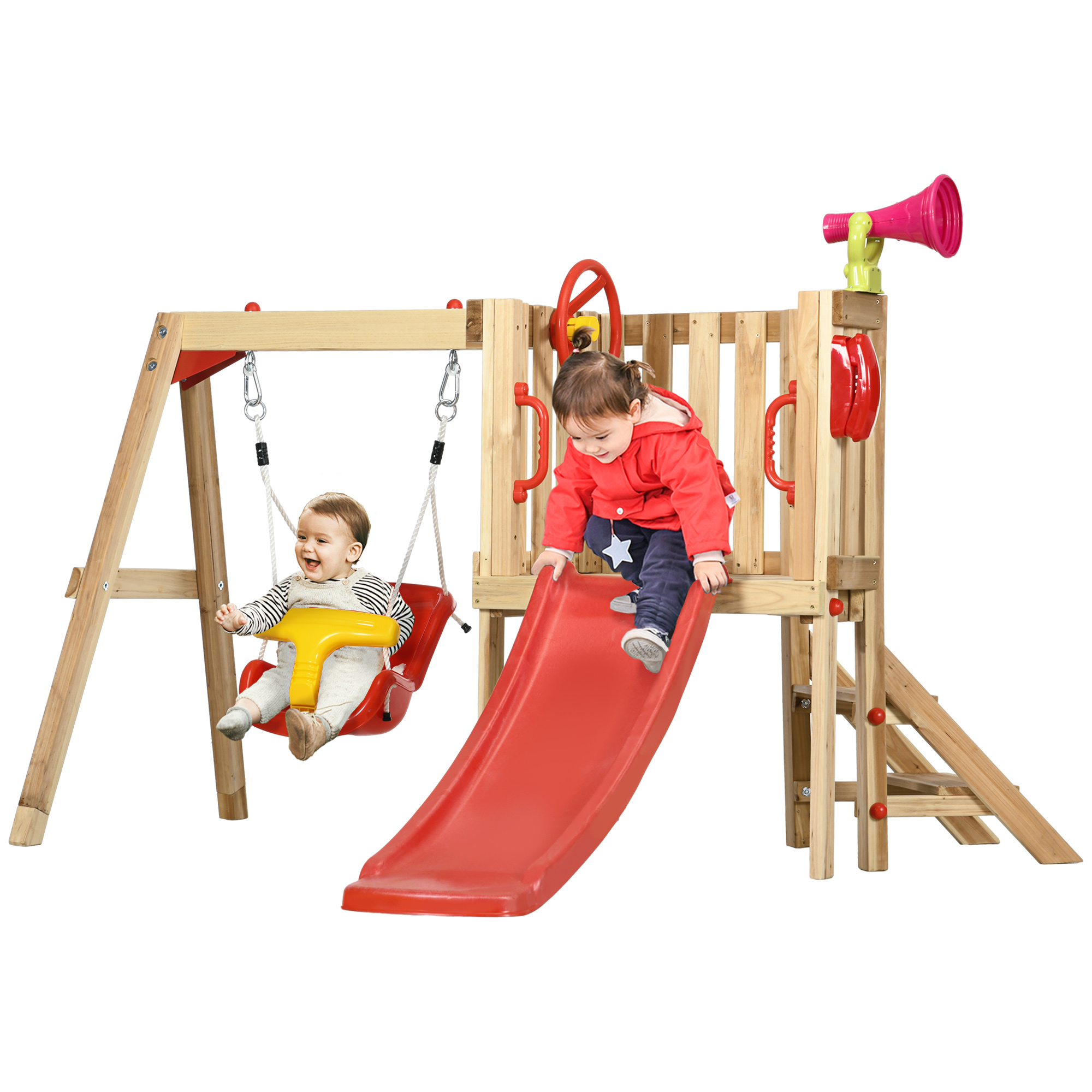 Wooden Swing and Slide Set for Toddler 18-48 Months, Outdoor Use - Red and Brown (Drop Shipping Only, Not for Amazon)