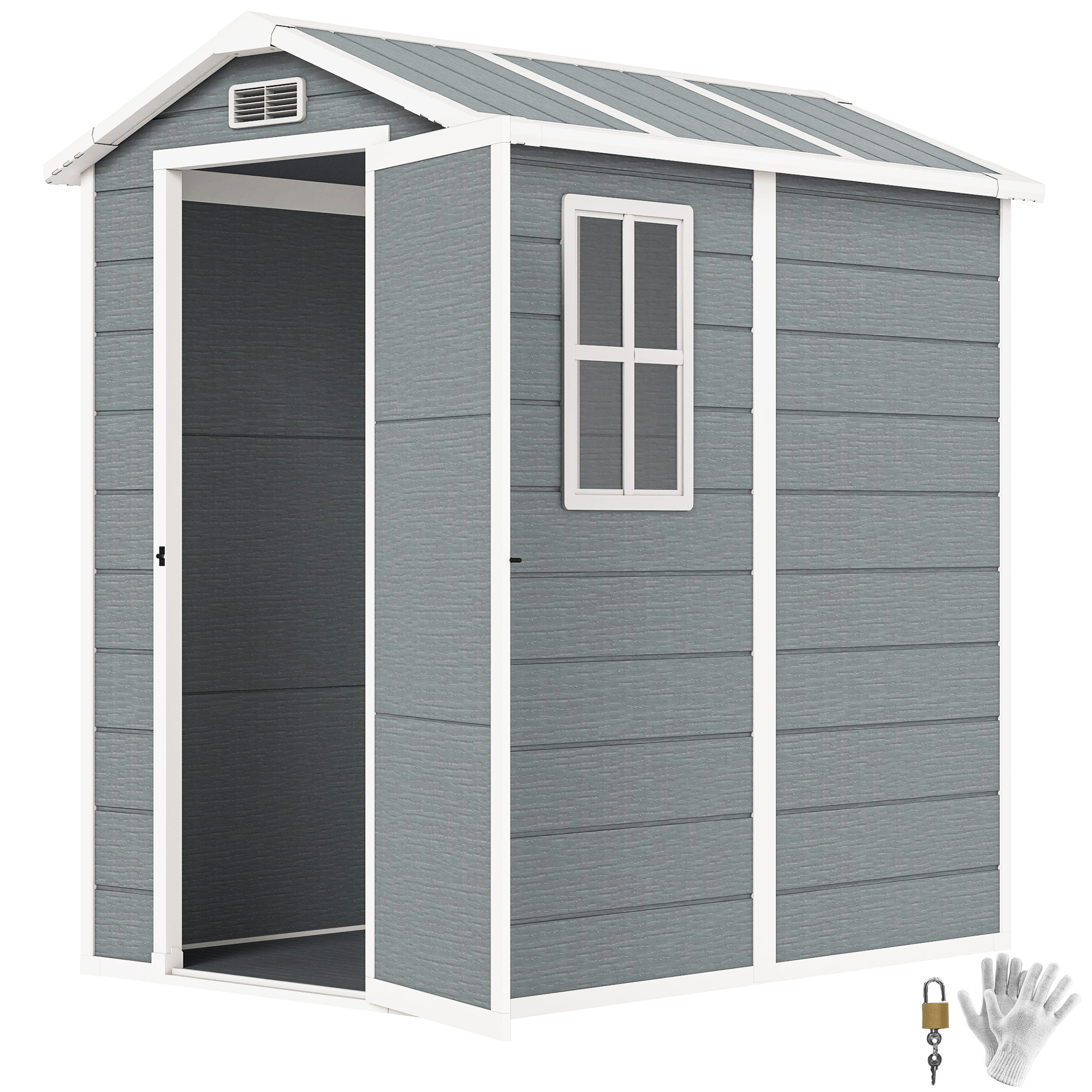 6' x 4' Outdoor Storage Shed, Plastic Shed with Floor, Window, Lockable Door and Vents for Outdoor Patio Storage, Gray (Drop Shipping Only, Not for Amazon)
