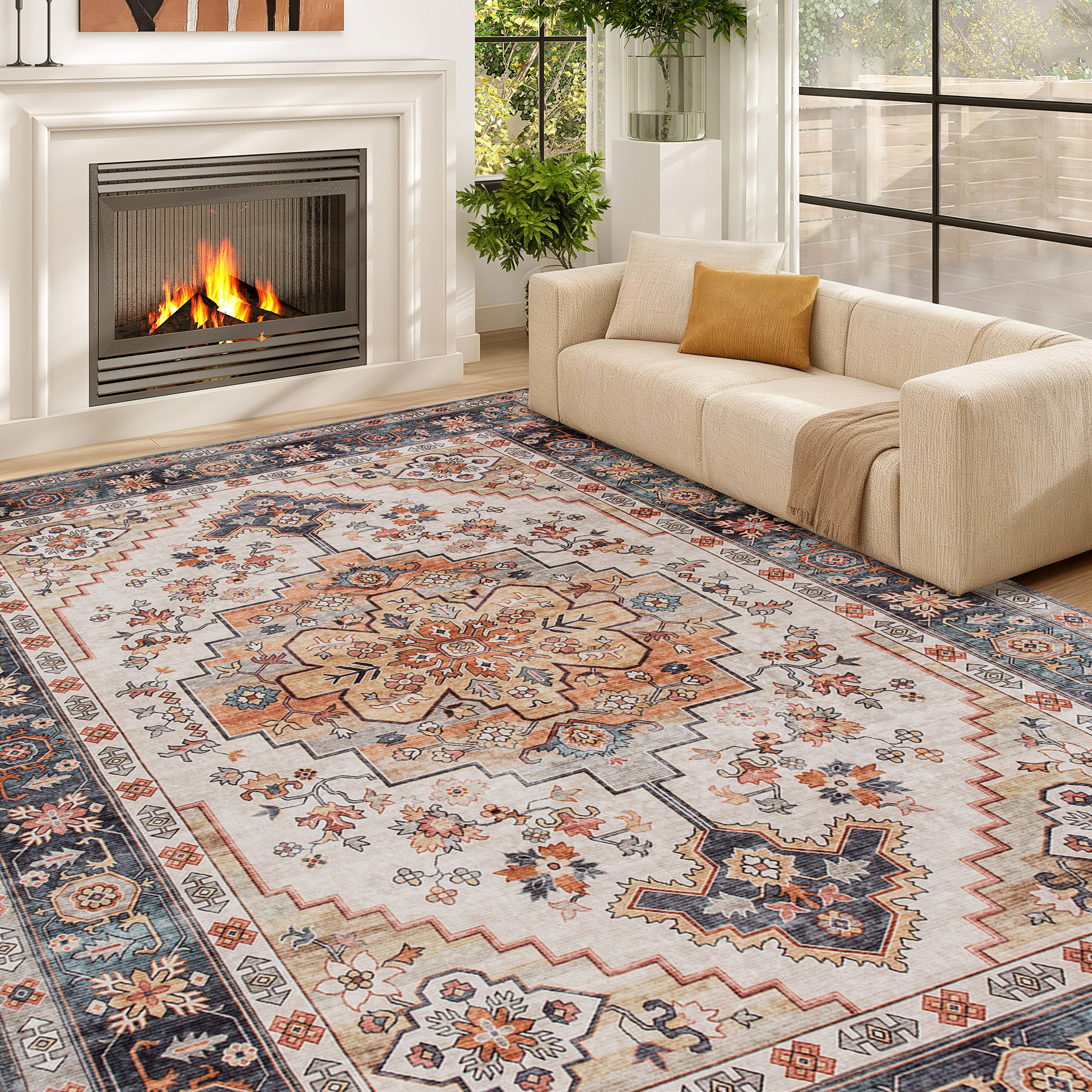 Area Rug 4x6, Machine Washable Rug, Non-Slip Boho Print Pattern Medallion Carpet for Living Room, Bedroom, Tawny Brown (Drop Shipping Only, Not for Amazon)