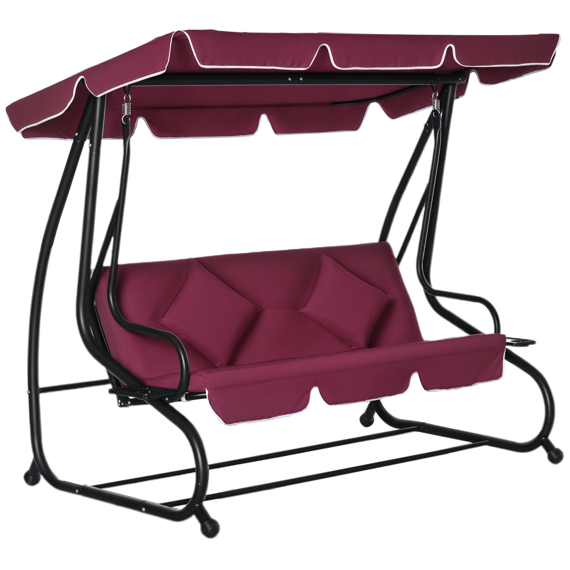 3-Seat Outdoor Patio Swing Chair, Converting Flatbed, Outdoor Swing Glider with Adjustable Canopy, Removable Cushion and Pillows, for Porch, Garden, Poolside, Backyard, Red (Drop Shipping Only, Not for Amazon)