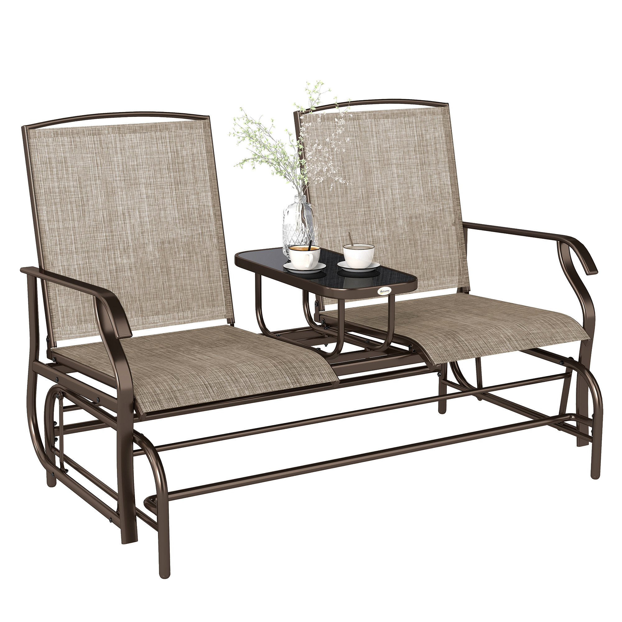 2-Person Outdoor Glider Bench w/ Center Table, Steel Frame for Backyard Garden Porch, Brown (Drop Shipping Only, Not for Amazon)