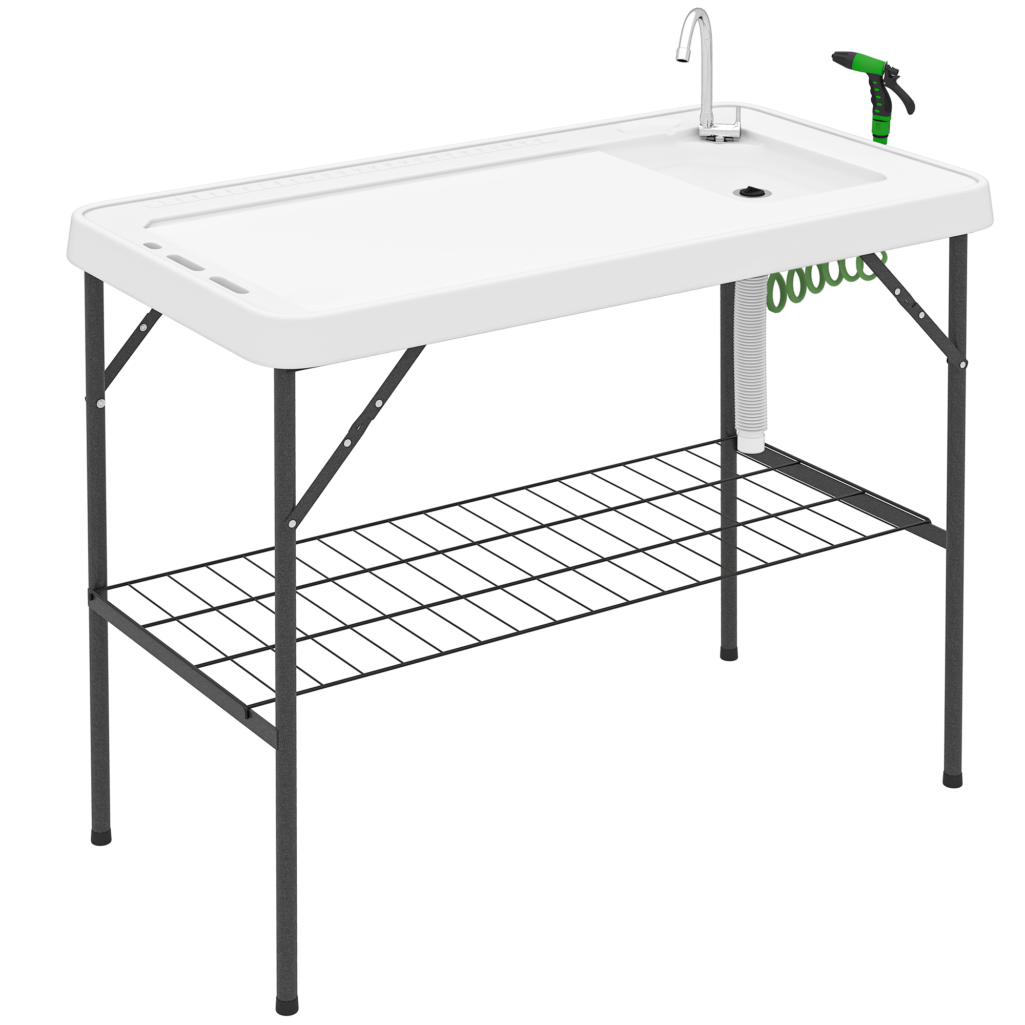 Folding Fish Cleaning Table with Sink, Portable Camping Table with Faucet, Drainage Hose, Sprayer and Shelf, White (Drop Shipping Only, Not for Amazon)