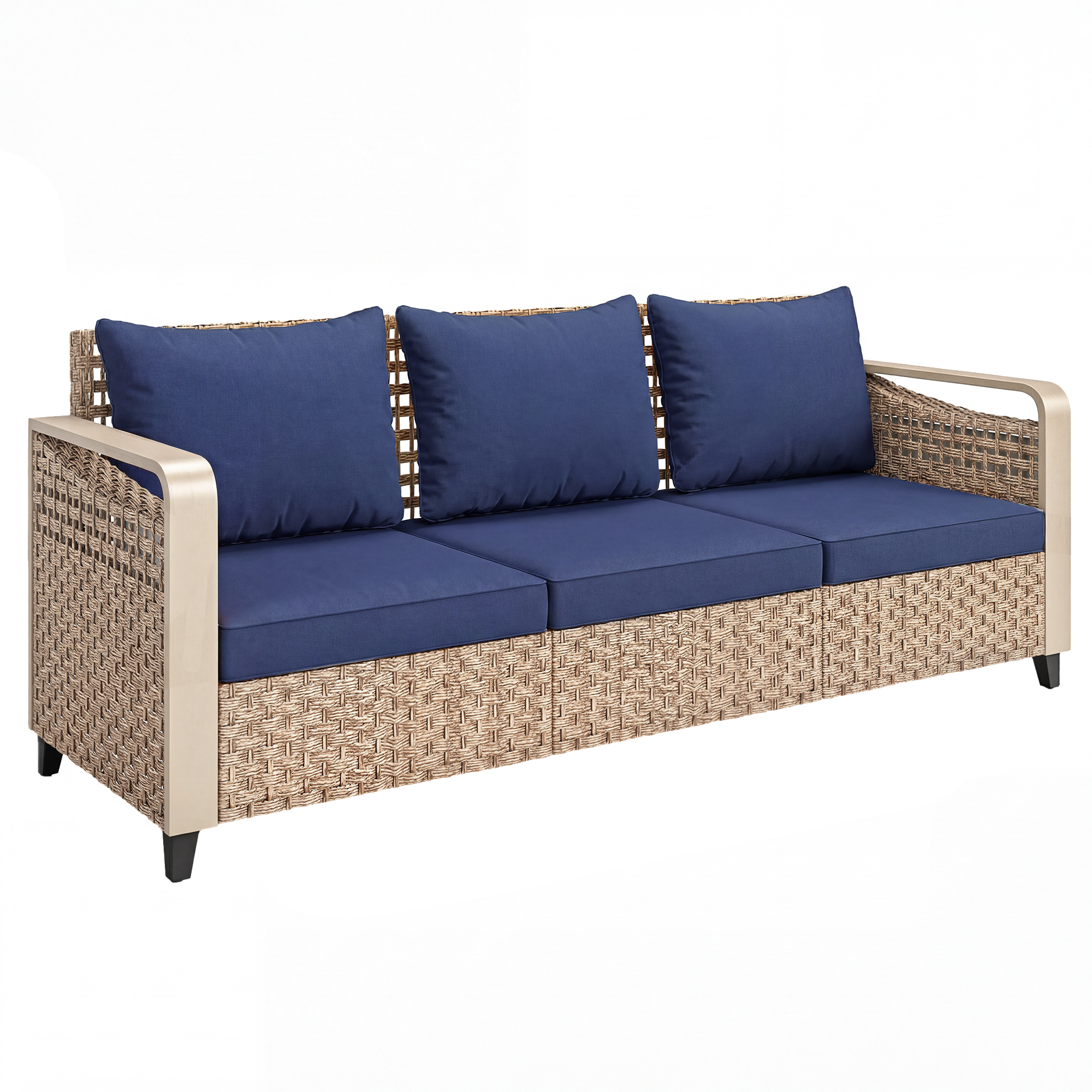 Rattan Wicker Sofa 3-Seater Outdoor Patio Sofa with Cushions for Garden Backyard Porch Dark Blue (Drop Shipping Only, Not for Amazon)