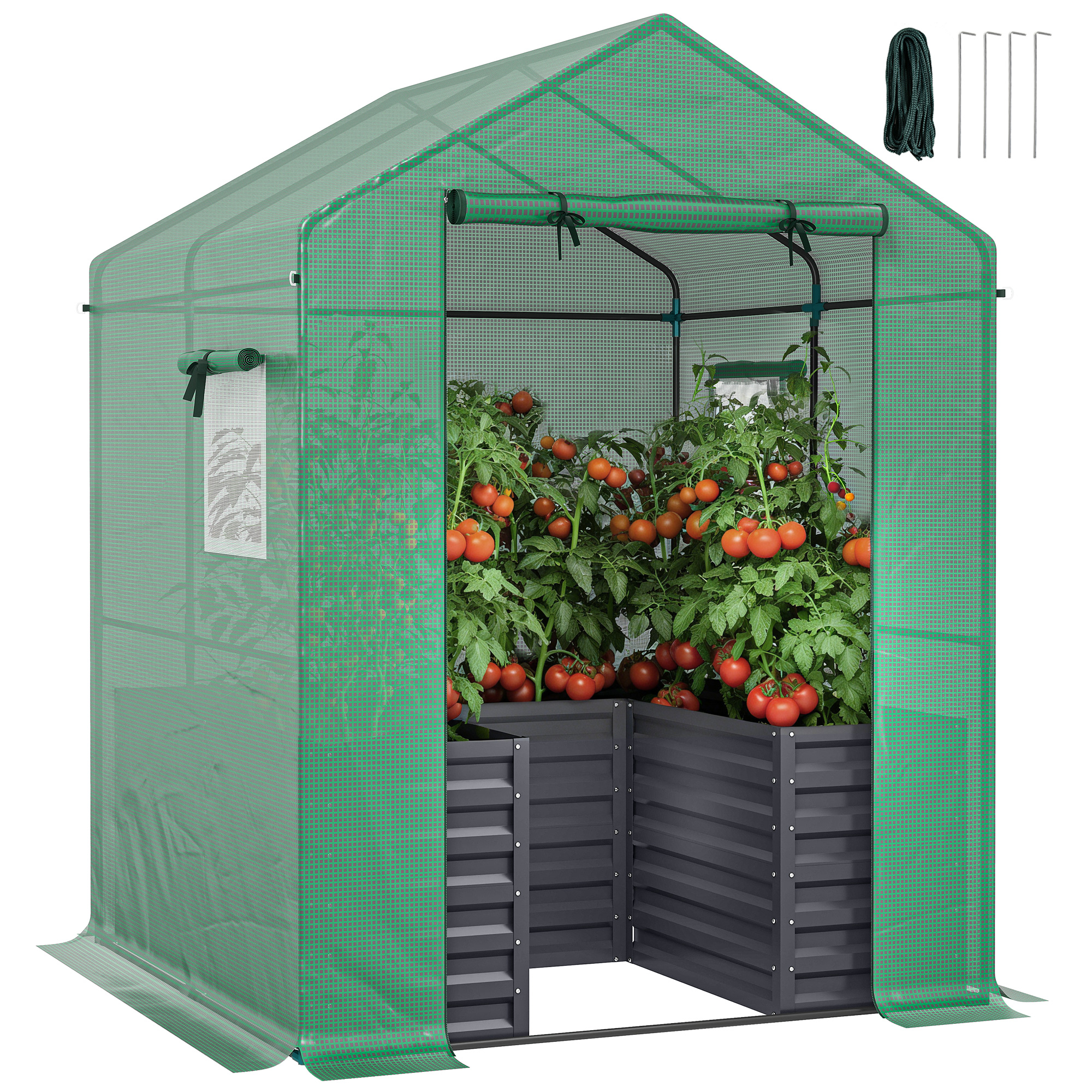 Greenhouse with Raised Garden Bed, Galvanized Steel Outdoor Greenhouse with Roll Up Door, 56