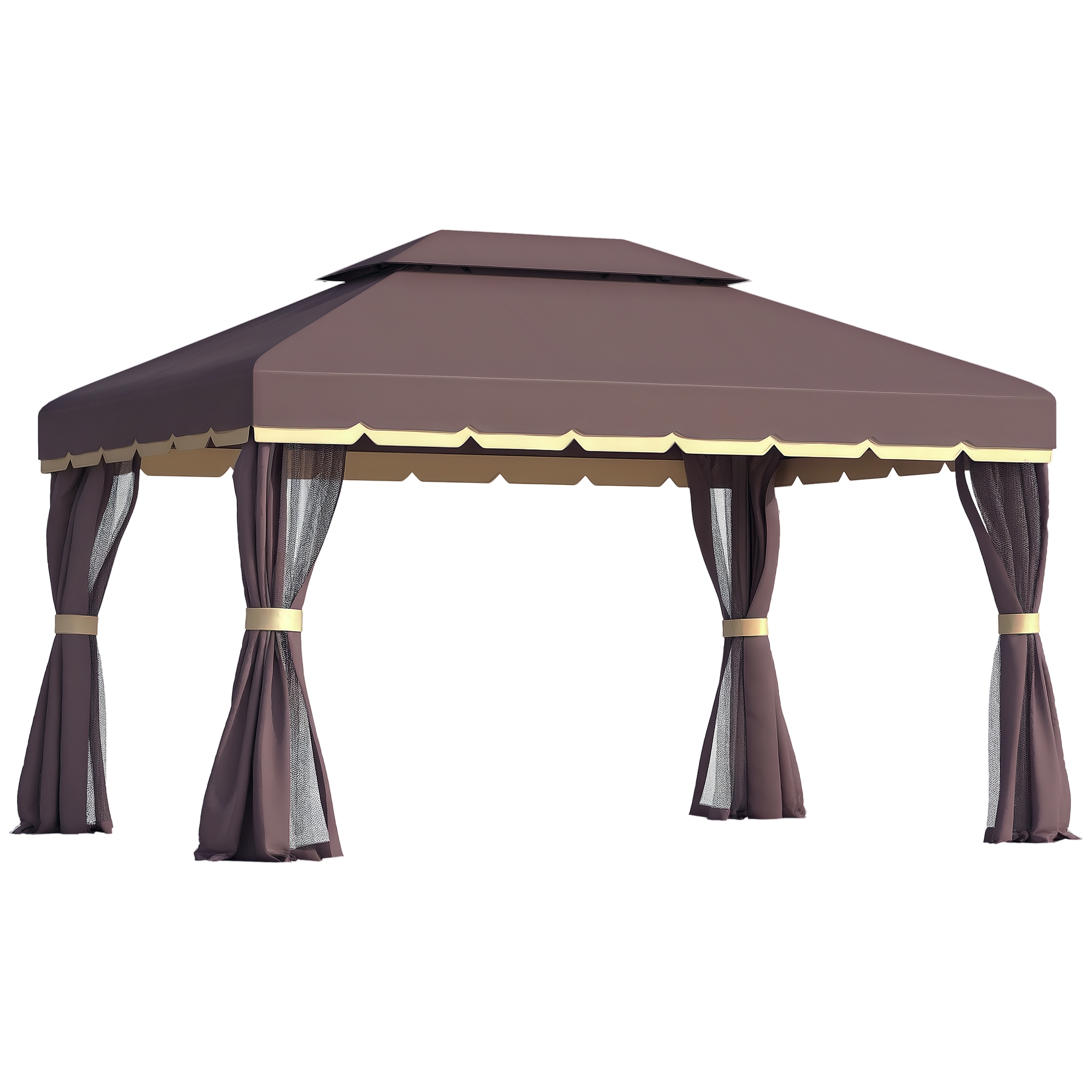 10' x 13' Patio Gazebo, Aluminum Frame Double Roof Outdoor Gazebo Canopy Shelter with Netting & Curtains, Coffee (Drop Shipping Only, Not for Amazon)