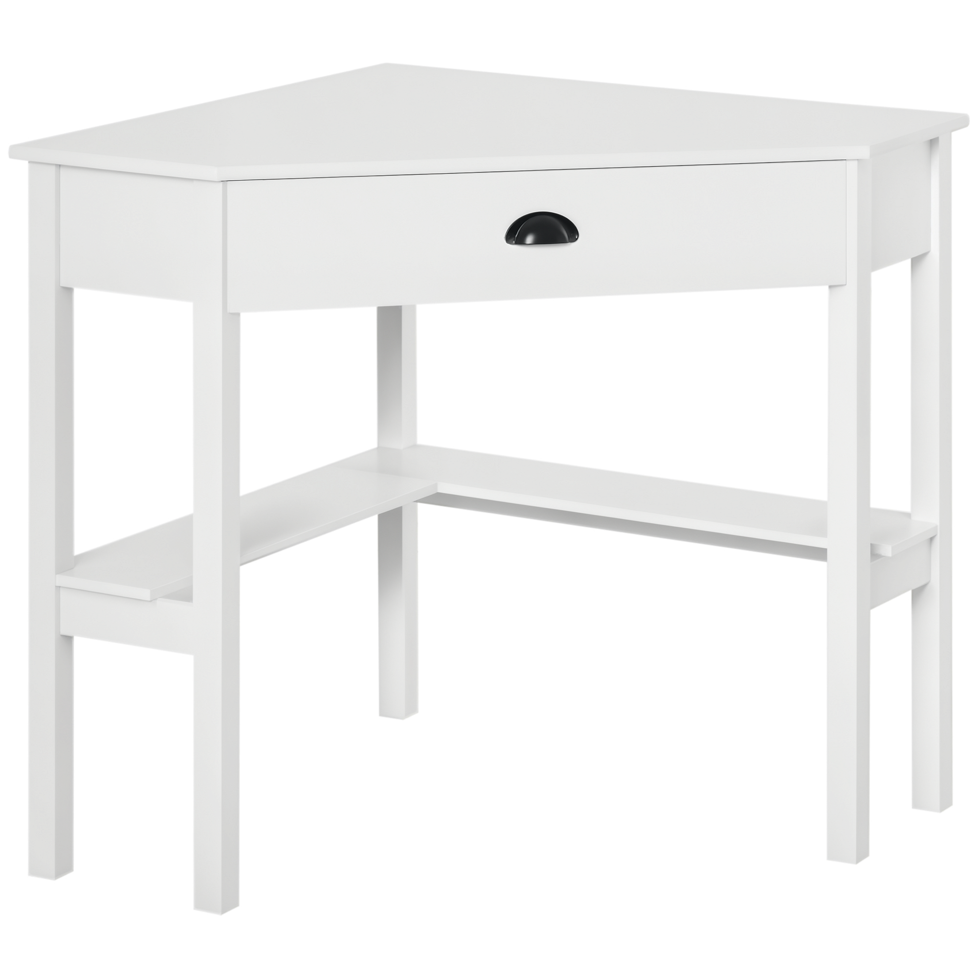 Corner Desk, Triangle Computer Desk with Drawer and Storage Shelves for Small Spaces, Home Office Workstation for Living Room, or Bedroom, White (Drop Shipping Only, Not for Amazon)