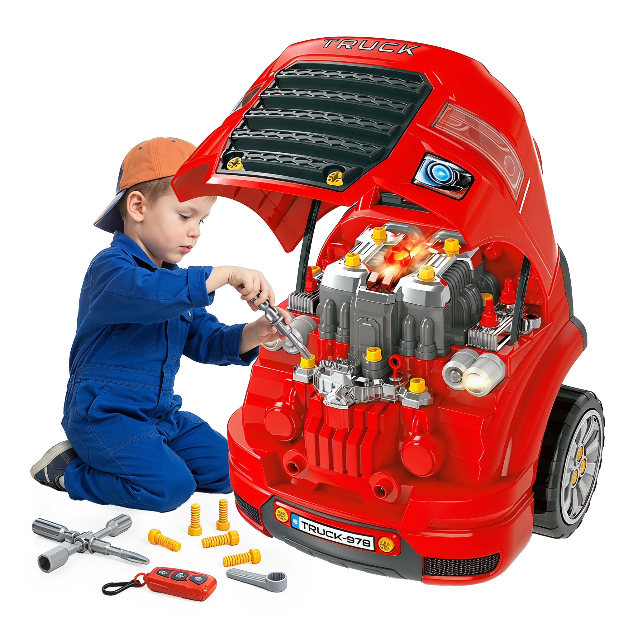 Mechanic Kids Truck Engine Toy Set, Car Service Play Set, Red (Drop Shipping Only, Not for Amazon)