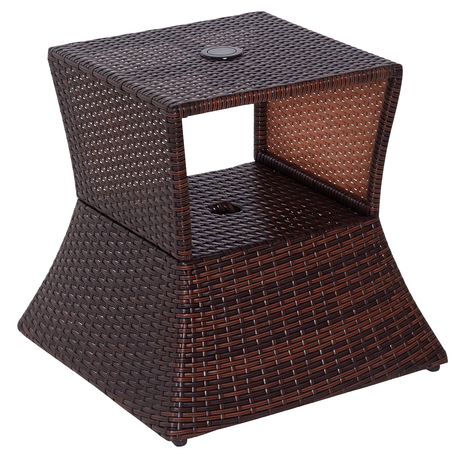 Outdoor Side Table with Umbrella Hole, 2 Tier Rattan Wicker End Table with Storage Shelf, All Weather for Outdoor, Patio, Garden, Backyard, Mixed Brown (Drop Shipping Only, Not for Amazon)