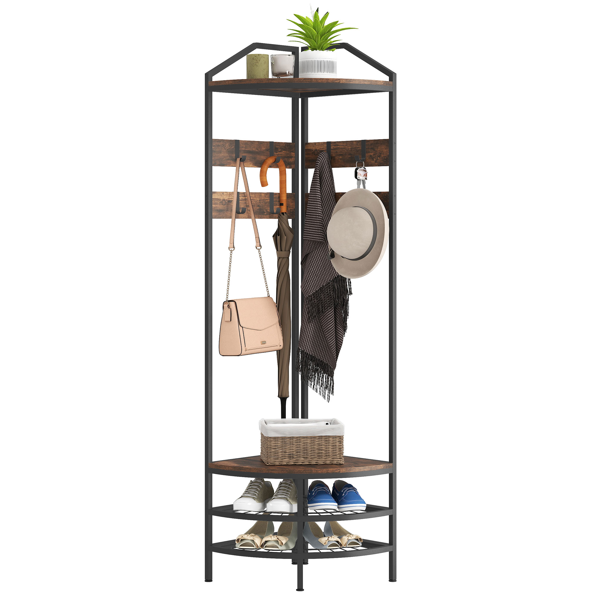 Corner Hall Tree, Industrial 4-Tier Coat Rack with Shoe Storage, 8 Movable Hooks and 2 Shelves for Hallway, Rustic Brown (Drop Shipping Only, Not for Amazon)