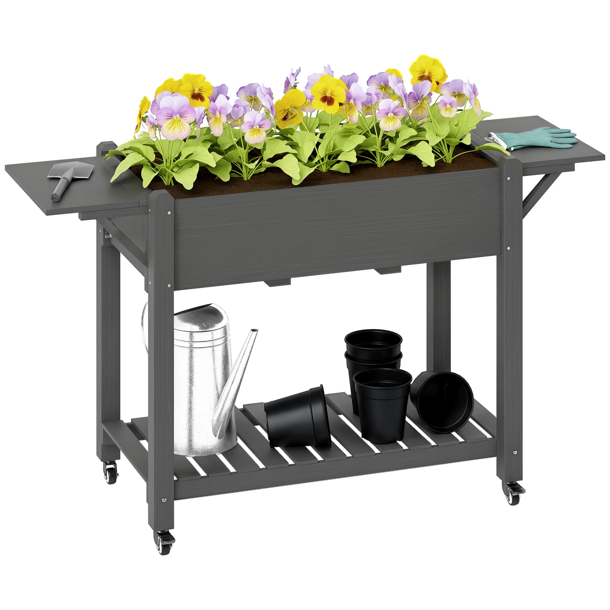 Wood Raised Planter Box, Elevated Garden Bed with Lockable Wheels, Side Tables, Bottom Shelf, Drain Holes, Gray (Drop Shipping Only, Not for Amazon)