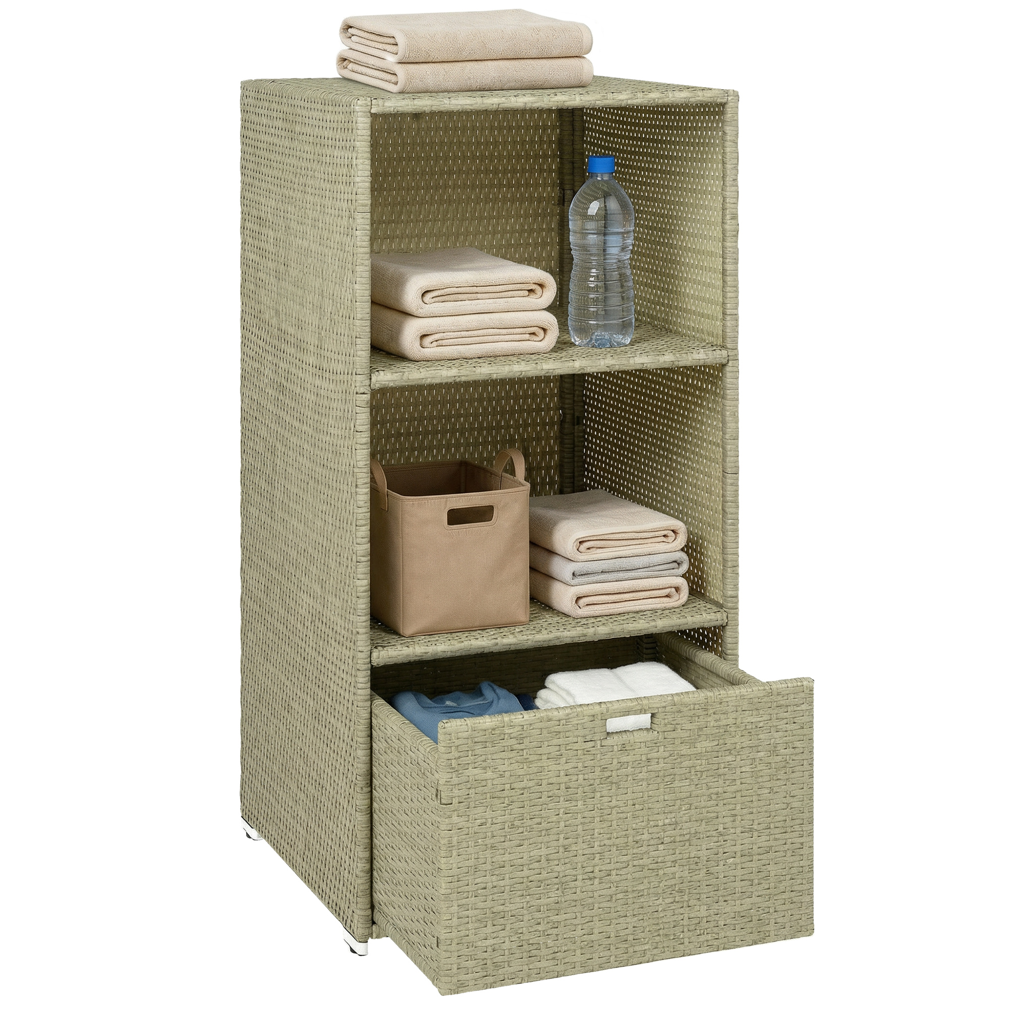 Valet Pool Towel Rack, Water-Resistant PE Plastic Rattan Wicker Storage Organizer, 2 Shelves, 1 Basket Drawer (Drop Shipping Only, Not for Amazon)