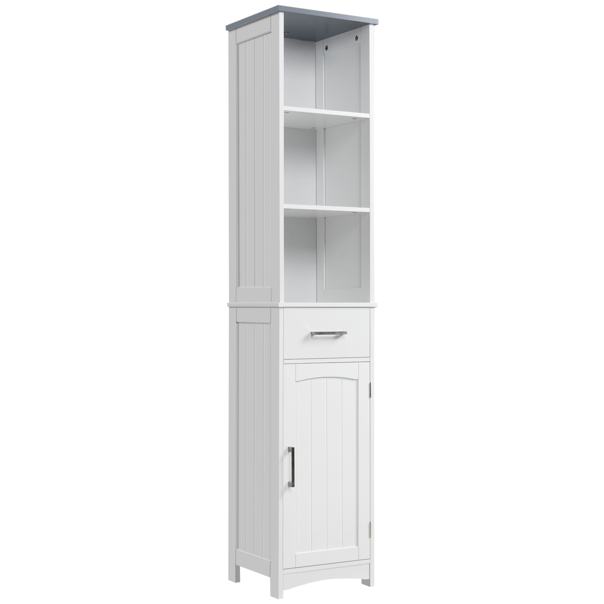 Tall Bathroom Storage Cabinet with 3 Tier Shelf, Cupboard, Drawer, Door, Freestanding Linen Tower, Slim Side Organizer, White (Drop Shipping Only, Not for Amazon)