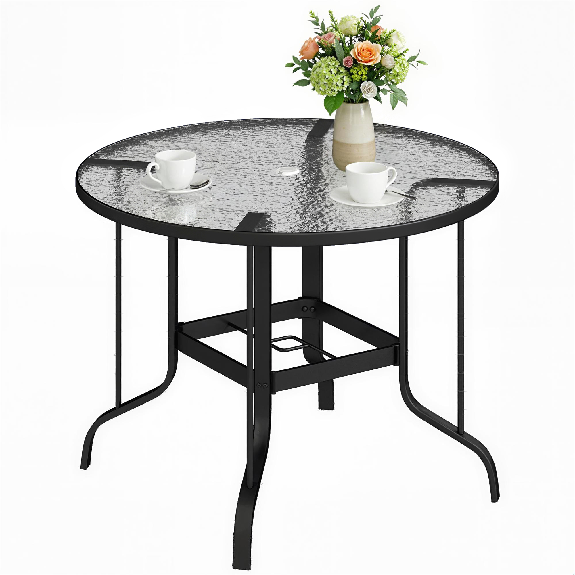 Tempered Glass Top Round Outdoor Dining Table with Parasol Hole, 96.5 x 96.5 x 71 cm (Drop Shipping Only, Not for Amazon)
