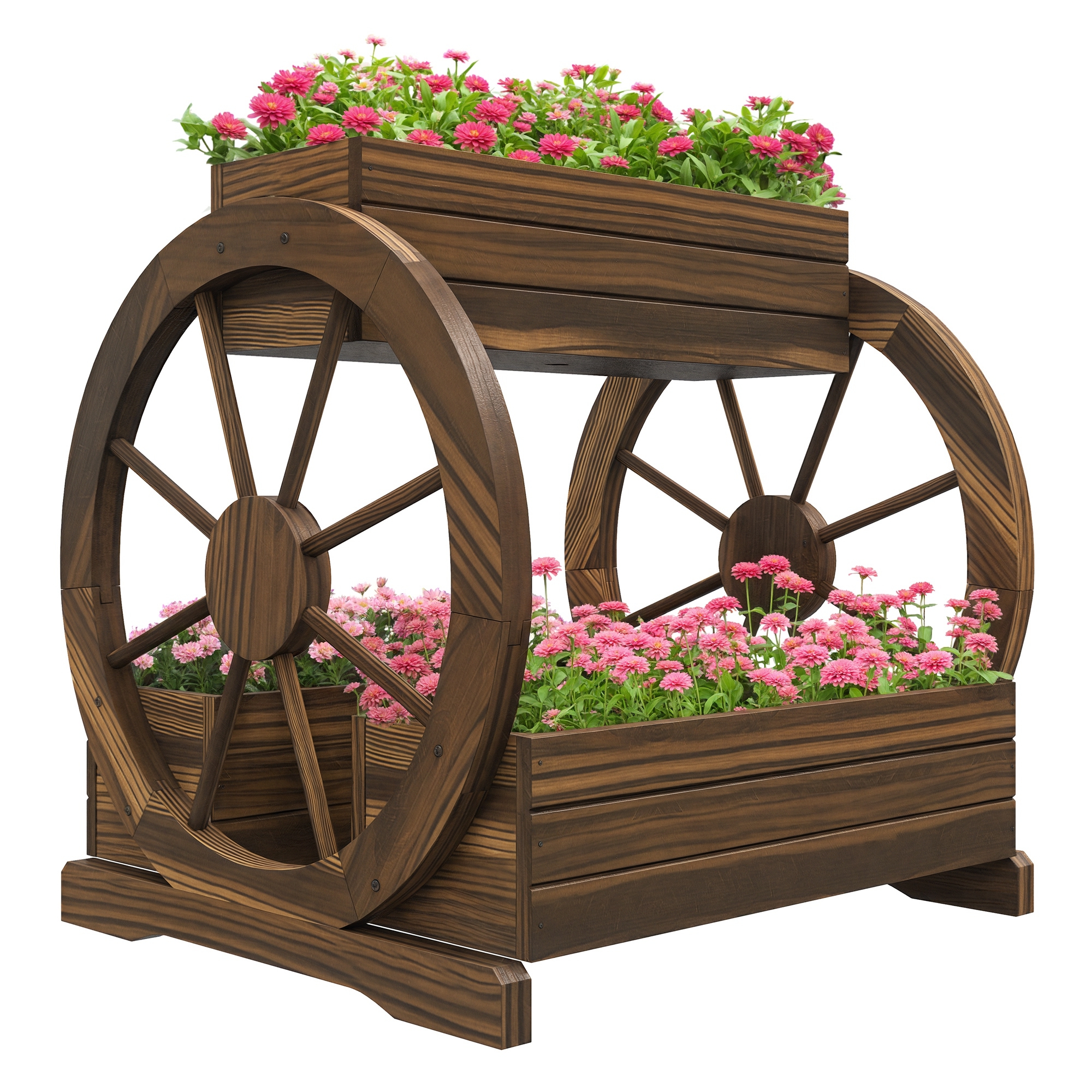 Wooden Wagon Planter Box, 3-Tier Raised Garden Bed, for Vegetables Flowers Herbs, 25