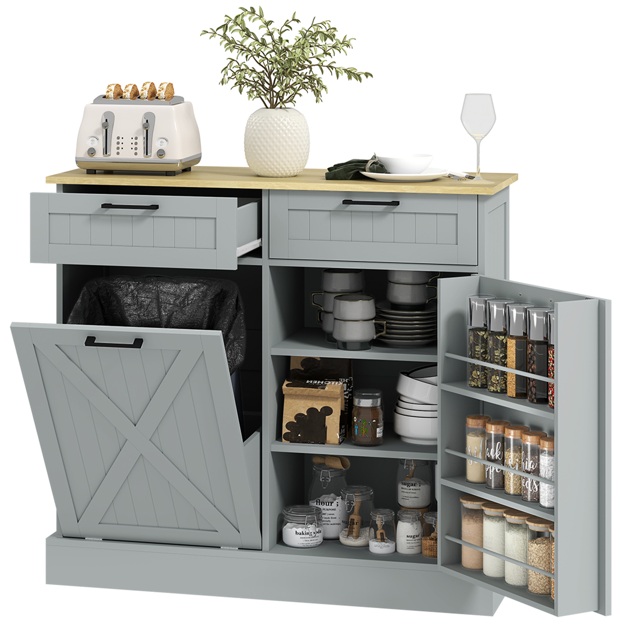 10 Gallon Farmhouse Kitchen Cabinet with Hidden Trash Can and 2 Drawers, Tilt Out Trash Can Cabinet for Kitchen, Gray (Drop Shipping Only, Not for Amazon)