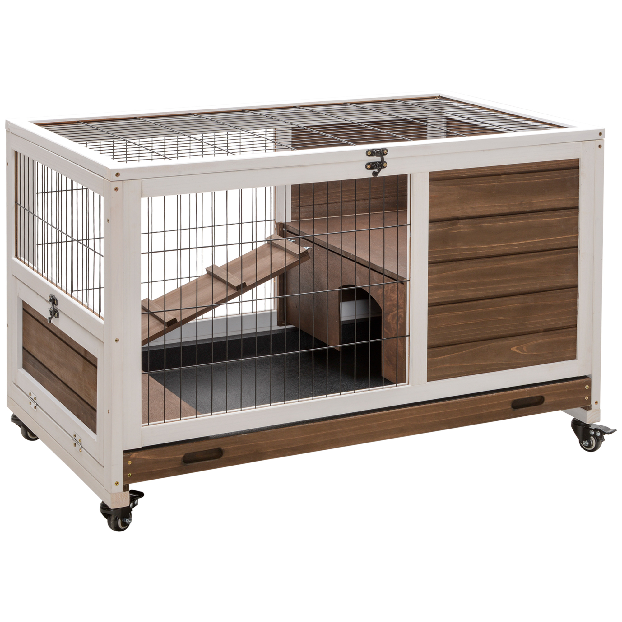 Wooden Guinea Pig Hutch, 2-Floor Bunny Cage w/ Enclosed Run Area, Brown (Drop Shipping Only, Not for Amazon)
