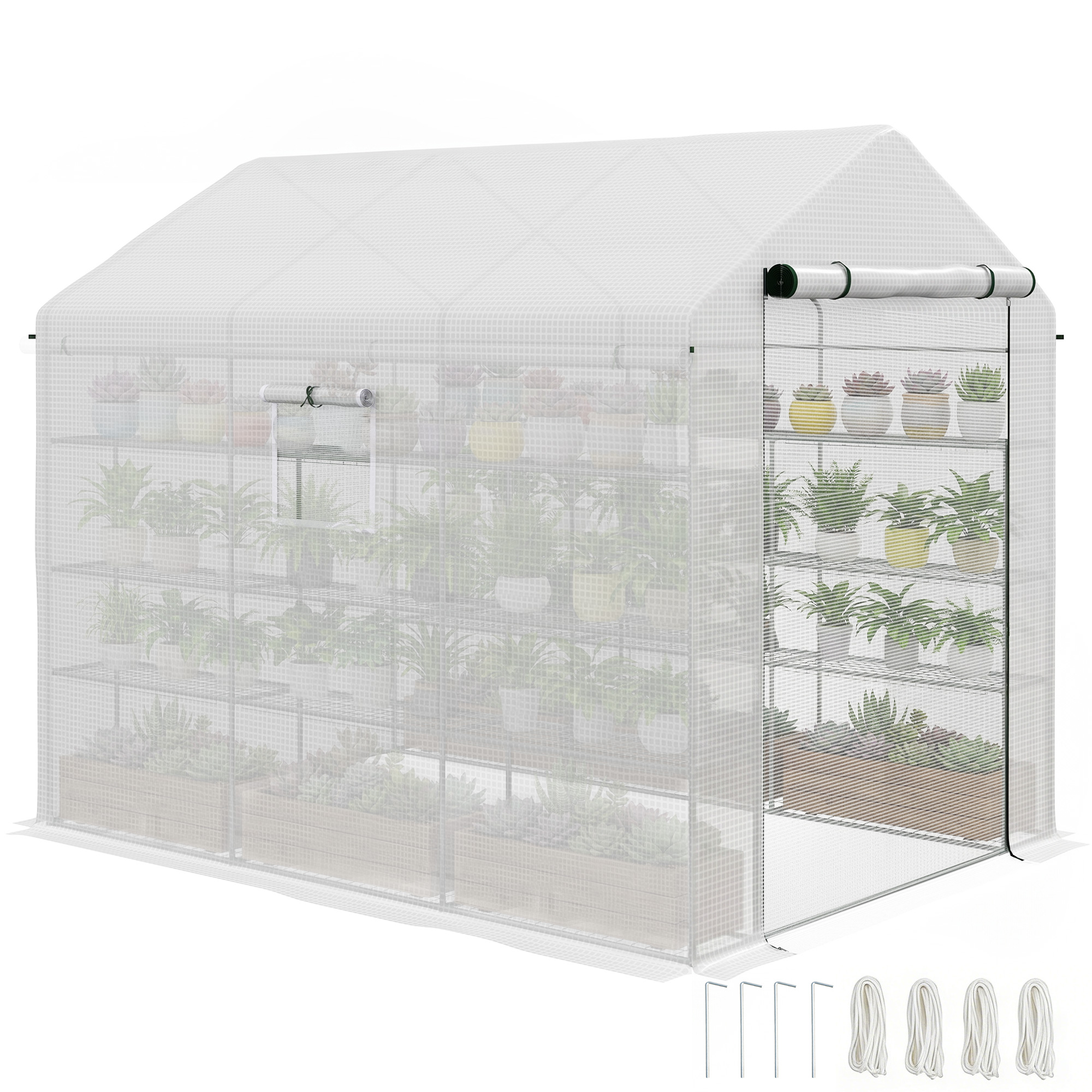 8' x 6' x 7' Portable Walk in Greenhouse with Mesh, Door, Windows, 18 Shelf, Trellis, Plant Labels, White (Drop Shipping Only, Not for Amazon)