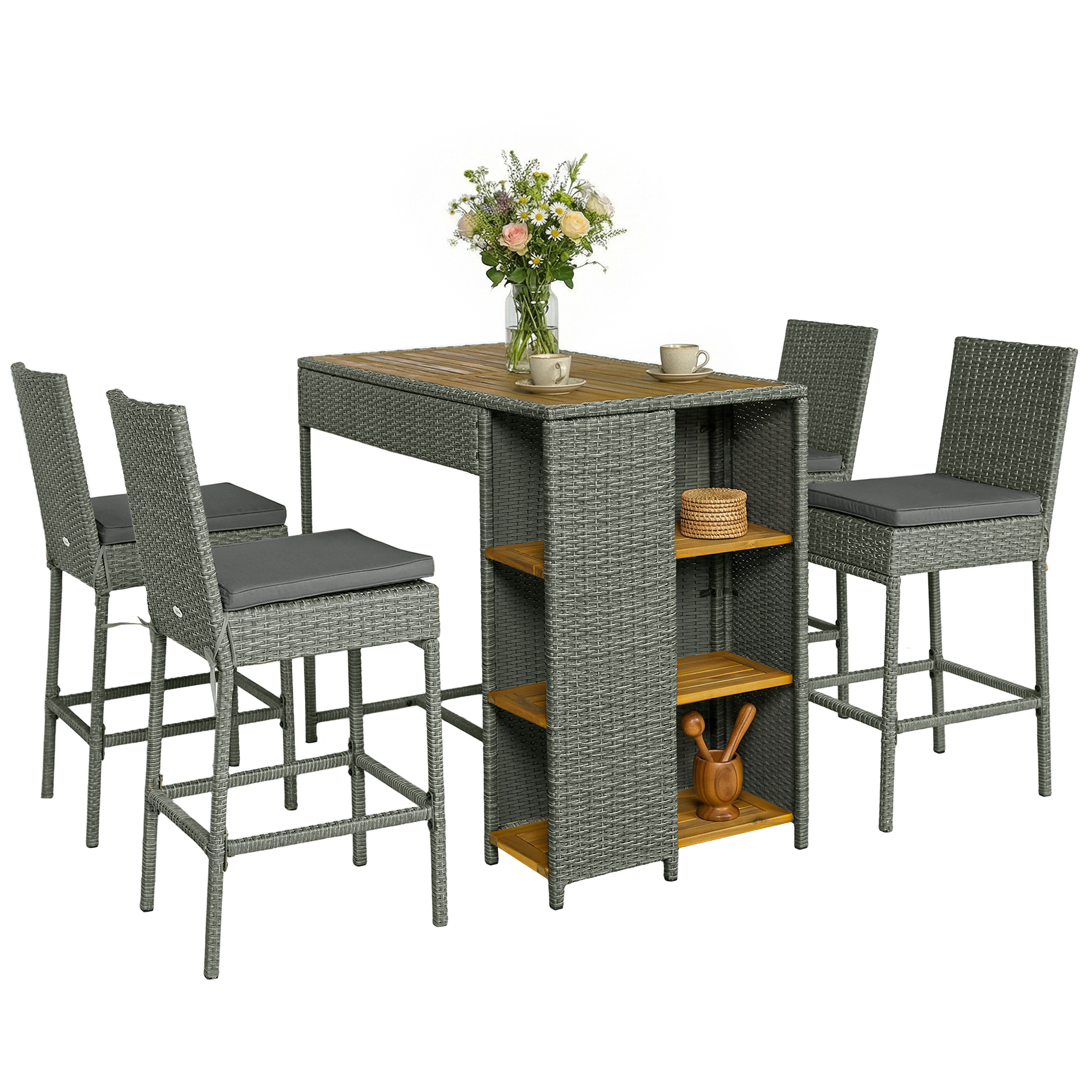 5 Piece Wicker Outdoor Bar Set, Acacia Wood Outdoor High Top Table and Chairs with 3 Tier Shelves, Cushions, Brown (Drop Shipping Only, Not for Amazon)