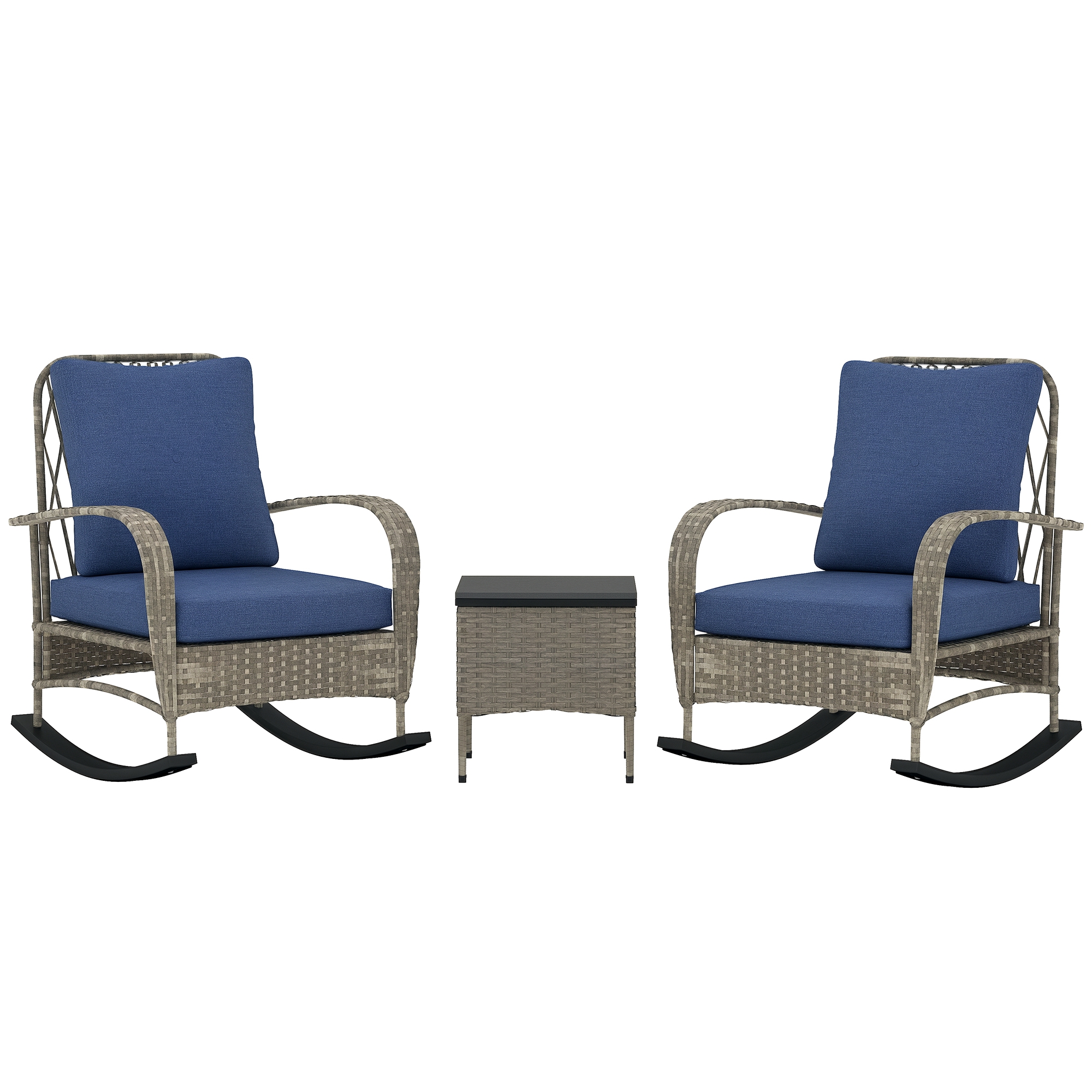 3 Piece Wicker Patio Furniture Set, Outdoor PE Rattan Rocking Chairs with Coffee Table, Cushions for Porch, Gray (Drop Shipping Only, Not for Amazon)