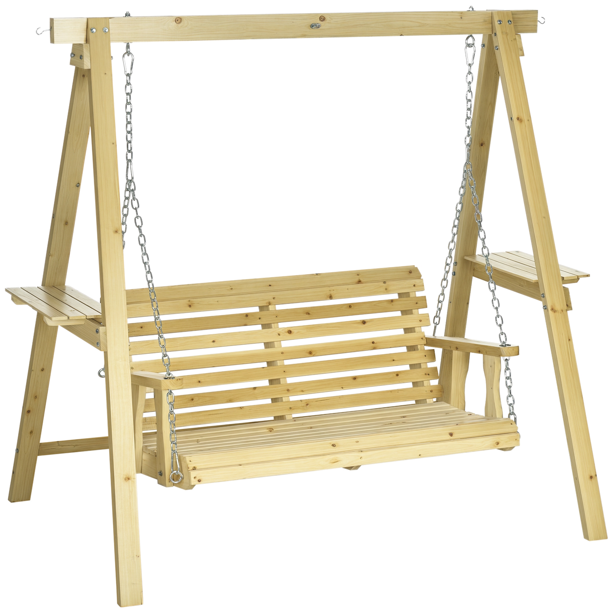 2-Seat orch Swing with Stand, Wooden Patio Swing Chair with Side Tables and Metal Chains, Outdoor Hanging Bench for Garden, Poolside, Backyard, Natural Wood (Drop Shipping Only, Not for Amazon)
