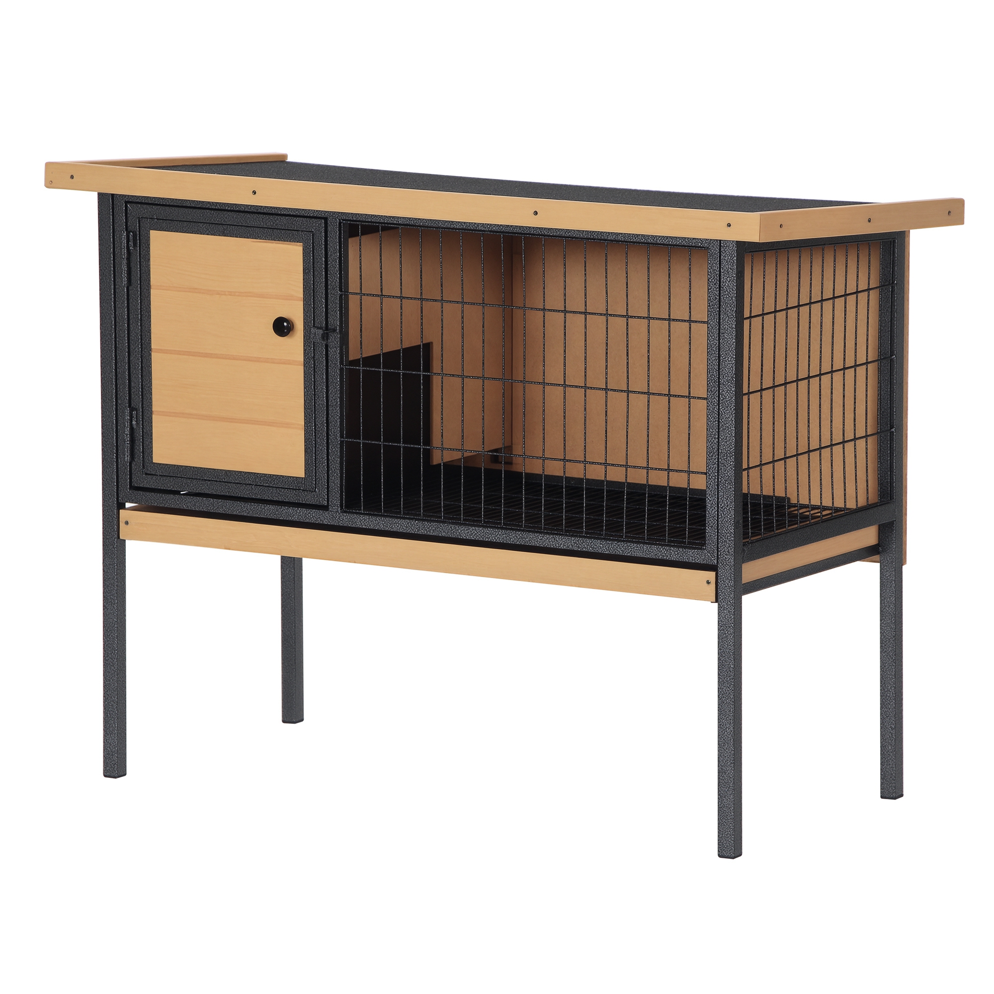 Wooden Rabbit Hutch Guinea Pig Hutch Bunny Cage Metal Frame Elevated Pet House with Slide-Out Tray Lockable Door Openable Roof Natural Wood 91.5 x 45 x 70cm (Drop Shipping Only, Not for Amazon)