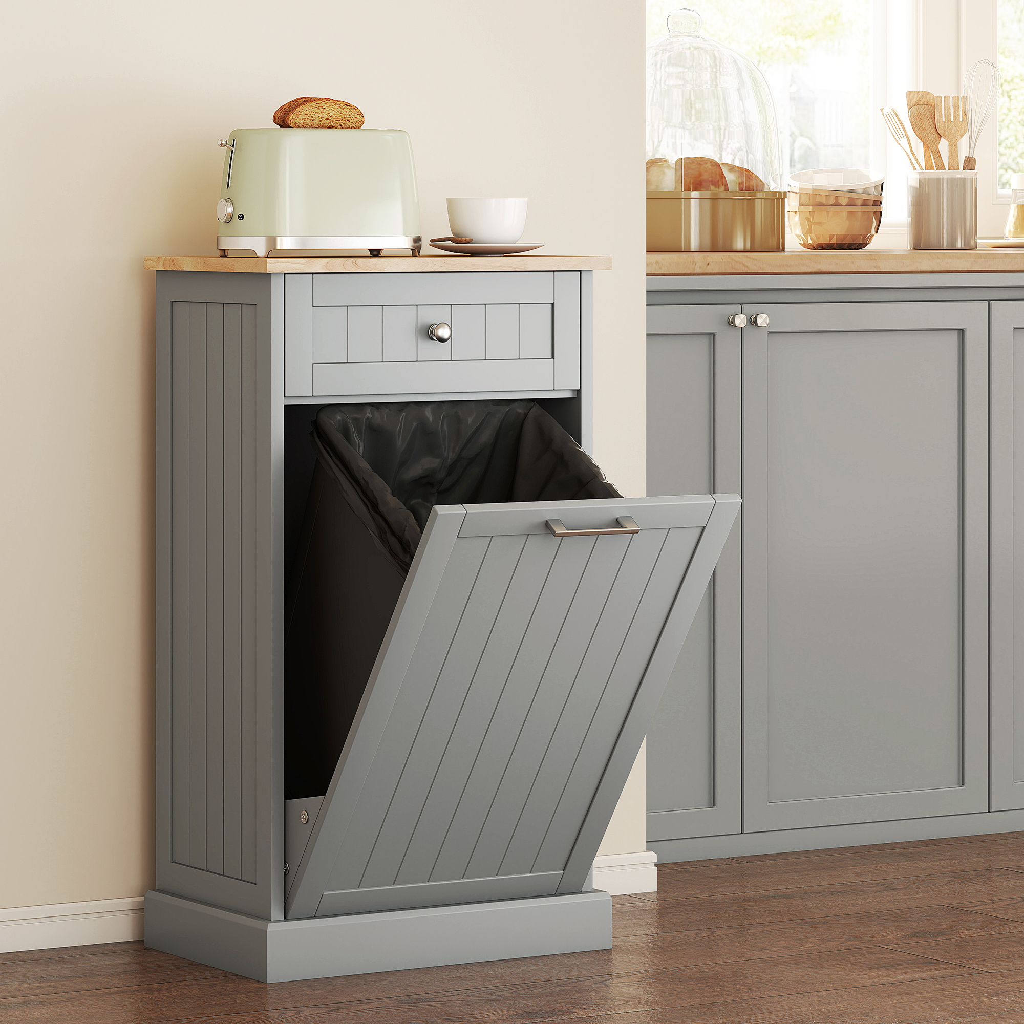 10 Gallon Tilt Out Trash Cabinet, Wooden Hidden Trash Can with Storage Drawer for Kitchen, Laundry Hamper Cabinet for Bathroom, White (Drop Shipping Only, Not for Amazon)