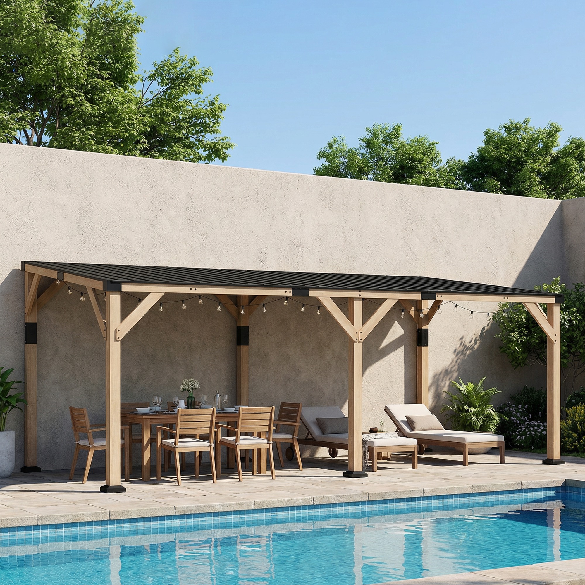 10' x 20' Wooden Gazebo, Hardtop Lean-to Gazebo Pergola with Galvanized Steel Sloped Roof, Light Walnut (Drop Shipping Only, Not for Amazon)