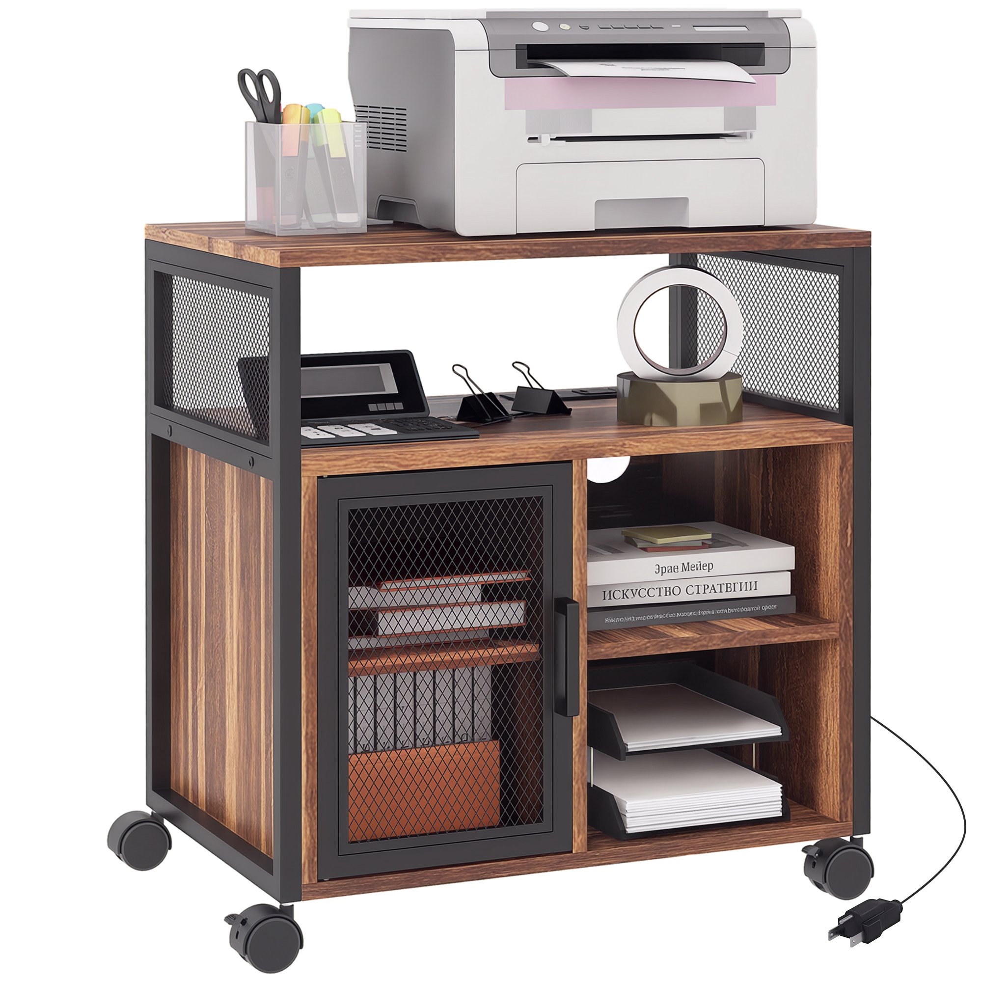Printer Stand with Socket and USB Charging Ports, Industrial Mobile Printer Table with Storage and Wheels, Rustic Brown (Drop Shipping Only, Not for Amazon)