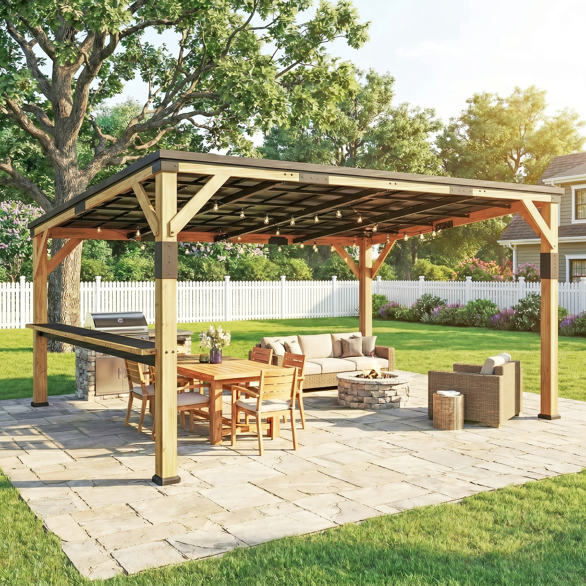 10' x 14' Wooden Gazebo, Hardtop Lean-to Gazebo Pergola with Galvanized Steel Sloped Roof, Bar Shelf, Natural Wood (Drop Shipping Only, Not for Amazon)