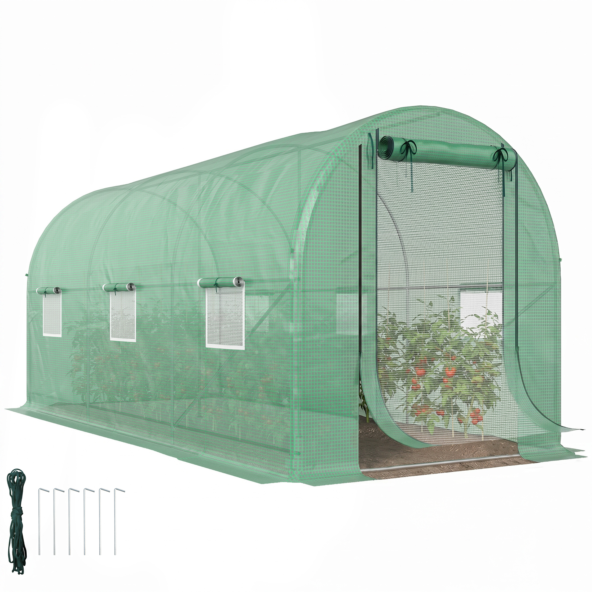Hoop House Greenhouse, Walk-in Tunnel Greenhouse with 2 Support Rods, Zippered Roll-up Mesh Door, 14.6'x6.5'x6.6', Green (Drop Shipping Only, Not for Amazon)