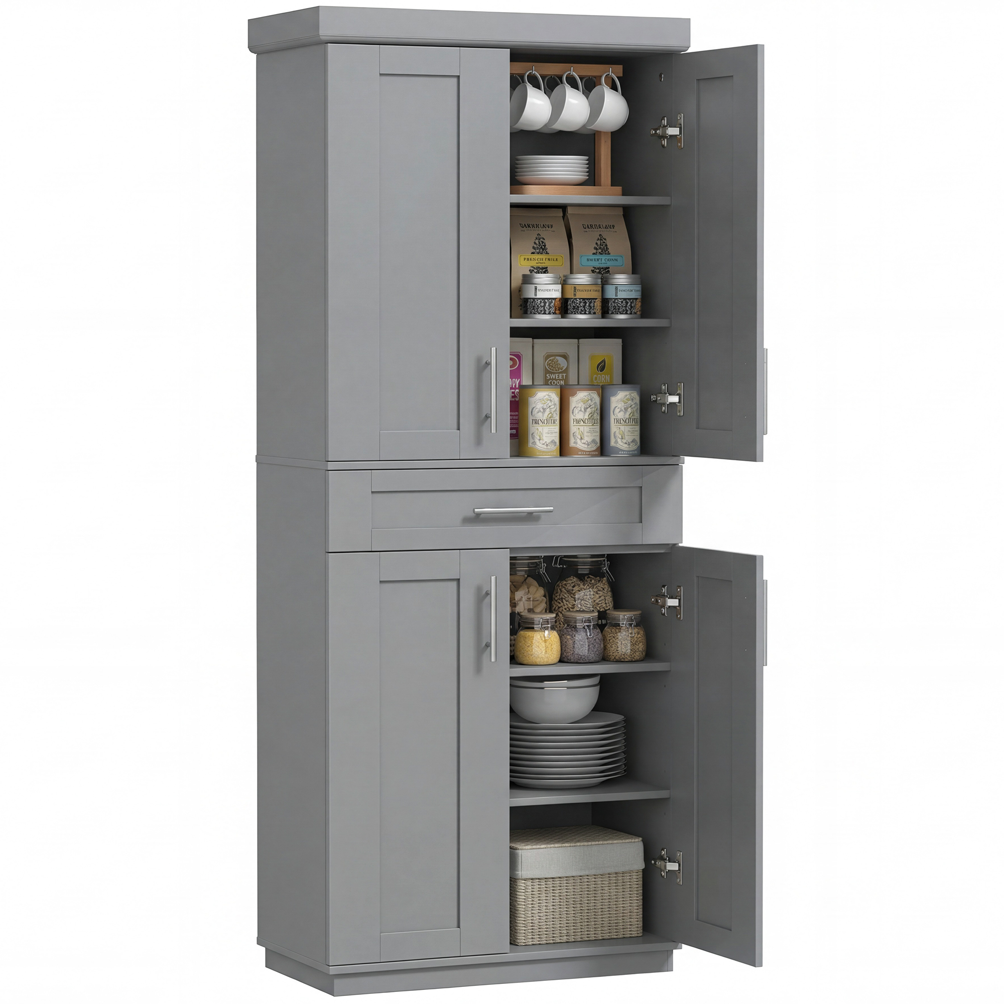 Modern Kitchen Pantry Freestanding Cabinet Cupboard with Doors and Drawer, Adjustable Shelving, Black (Drop Shipping Only, Not for Amazon)