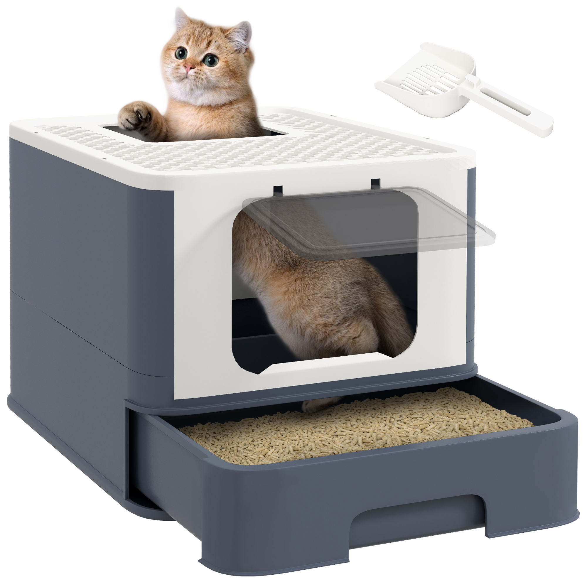 Cat Litter Box with Lid, Scoop, Front Entry, and Top Exit for Large Cats, White (Drop Shipping Only, Not for Amazon)
