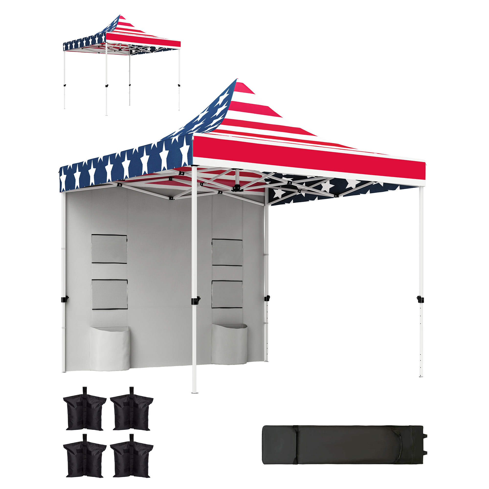 10' x 10' Heavy Duty Pop Up Canopy Tent with Sidewall, UPF50+ Instant Sun Shelter with Storage Pockets, American Flag (Drop Shipping Only, Not for Amazon)