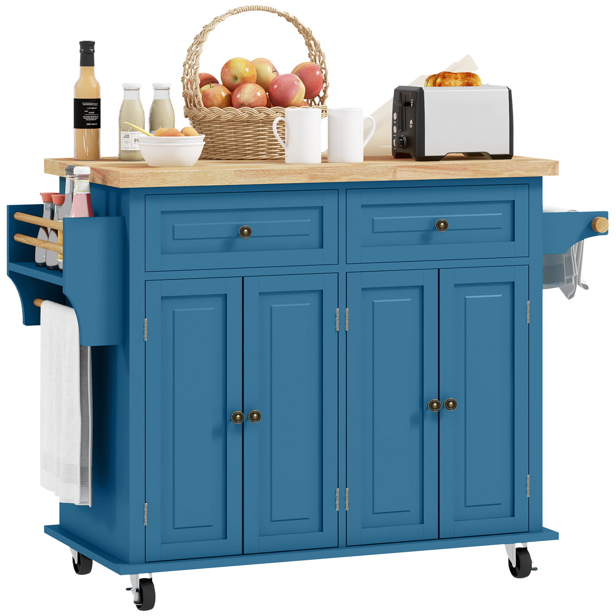 Kitchen Island on Wheels, Rolling Cart with Rubberwood Top, Spice Rack, Towel Rack and Drawers, Turquoise (Drop Shipping Only, Not for Amazon)