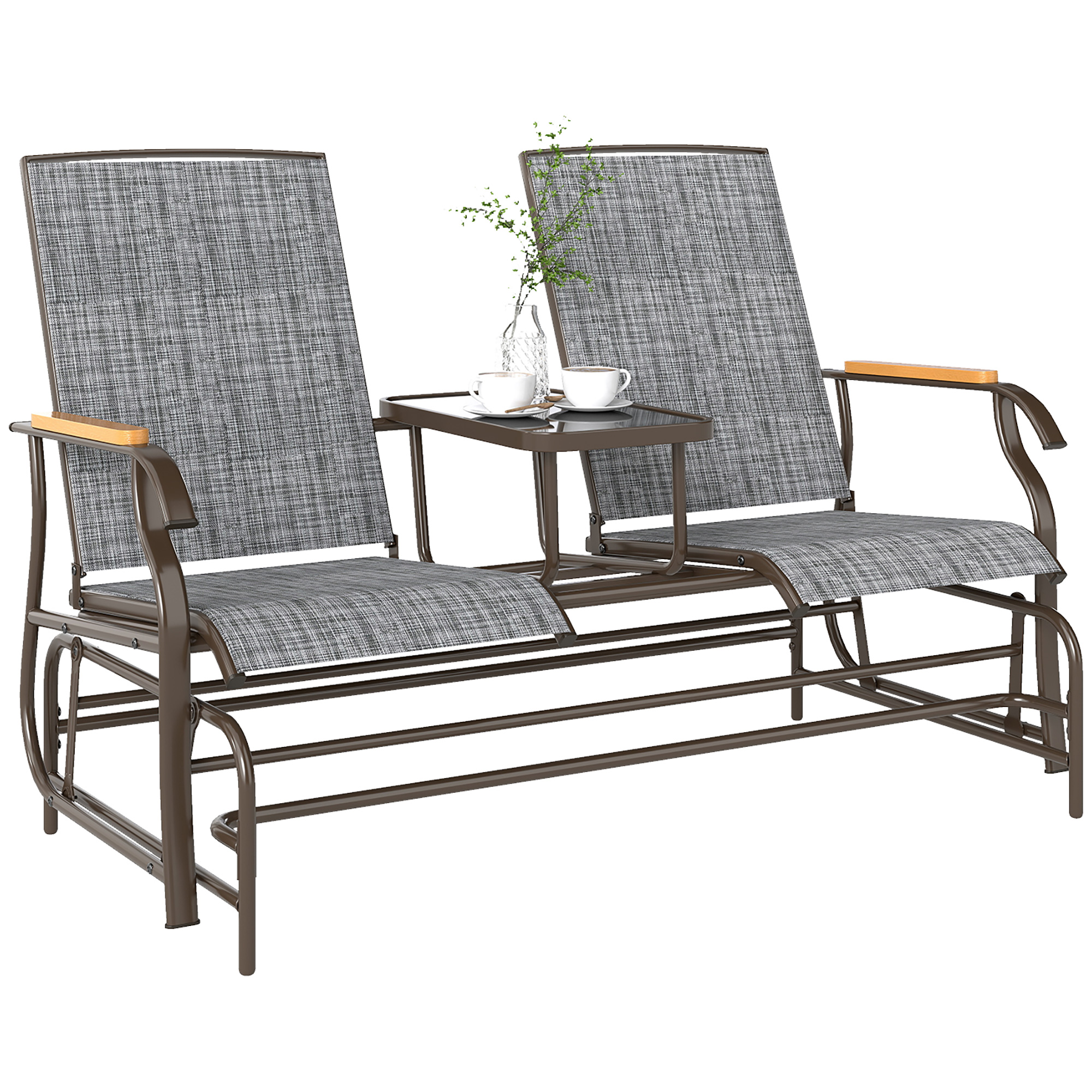 Outdoor 2-Person Glider Bench, Outside Glider Swing Chair Loveseat with Table, Steel Frame, Gray (Drop Shipping Only, Not for Amazon)