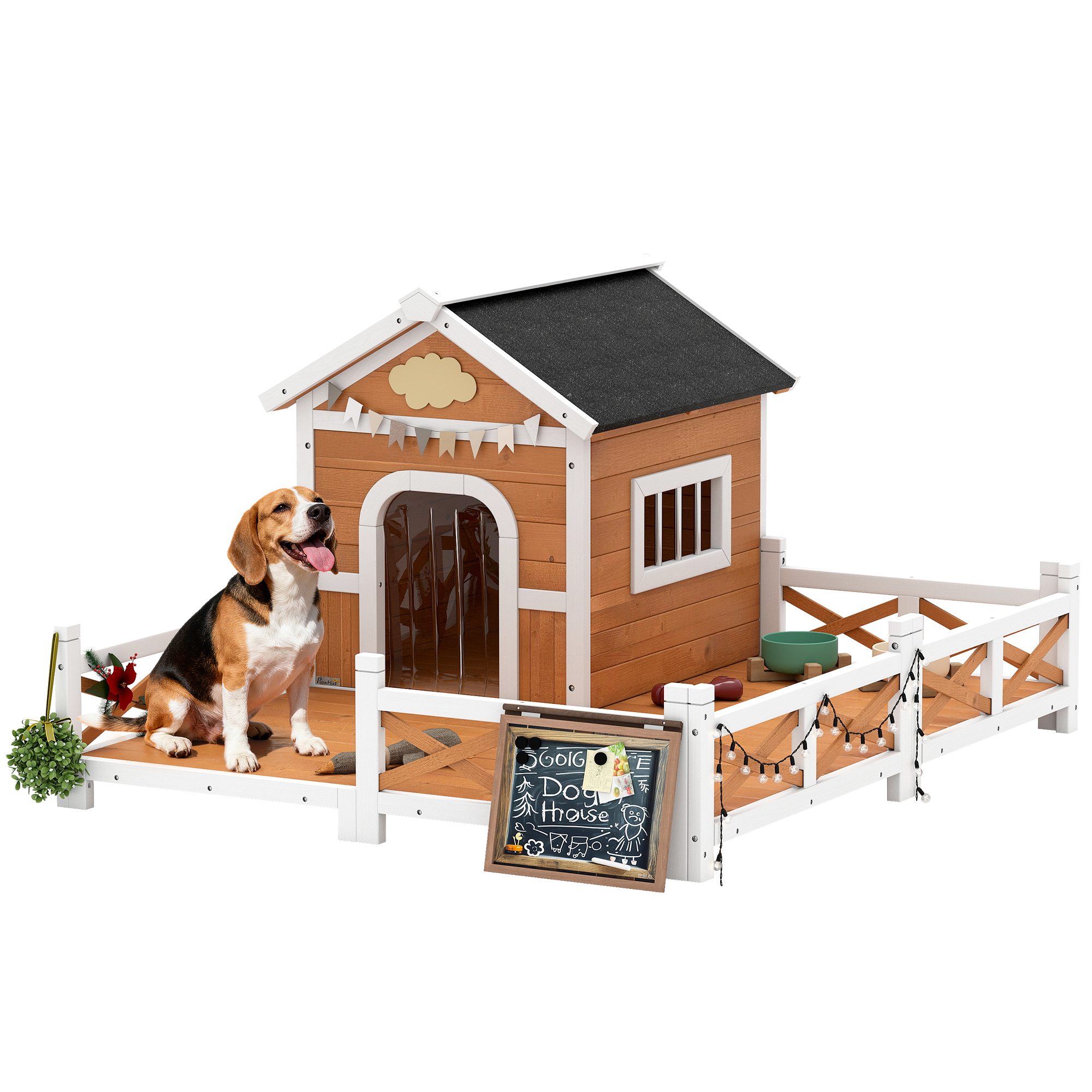 Outdoor Wooden Dog House, Dog Shelter with Large Porch, Weatherproof & Openable Roof, Elevated Base, Removable Floor (Drop Shipping Only, Not for Amazon)