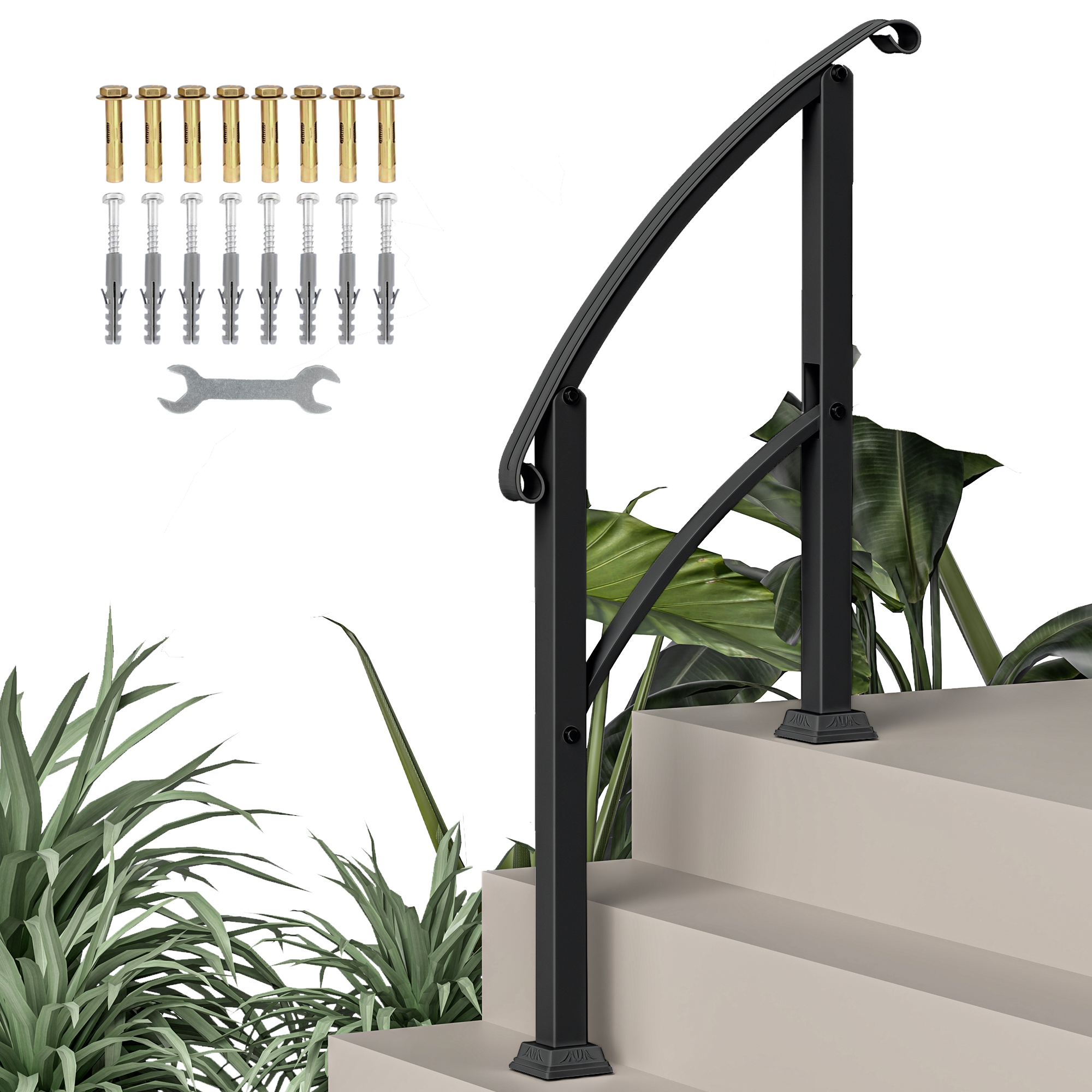 1-3 Step Metal Handrails for Outdoor Steps, Porch Deck Stair Railing with Installation Kit for Concrete Steps, Black (Drop Shipping Only, Not for Amazon)