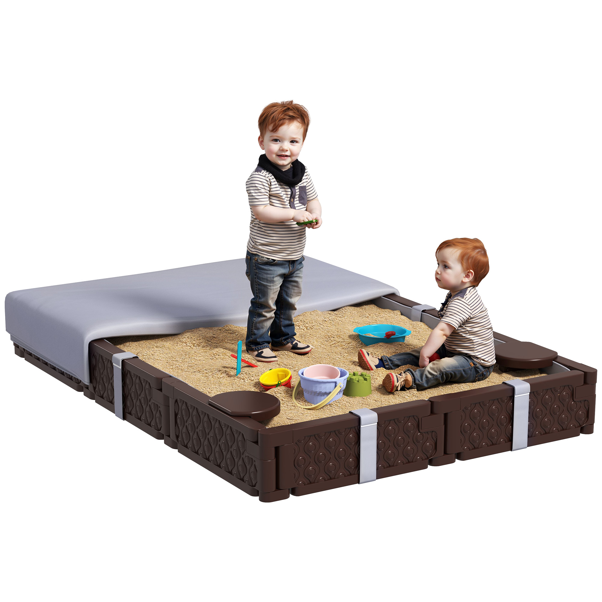 Kids Sandbox with Cover, 4 Corner Seats, Bottom Liner for Backyard, Garden, Outdoor, 73