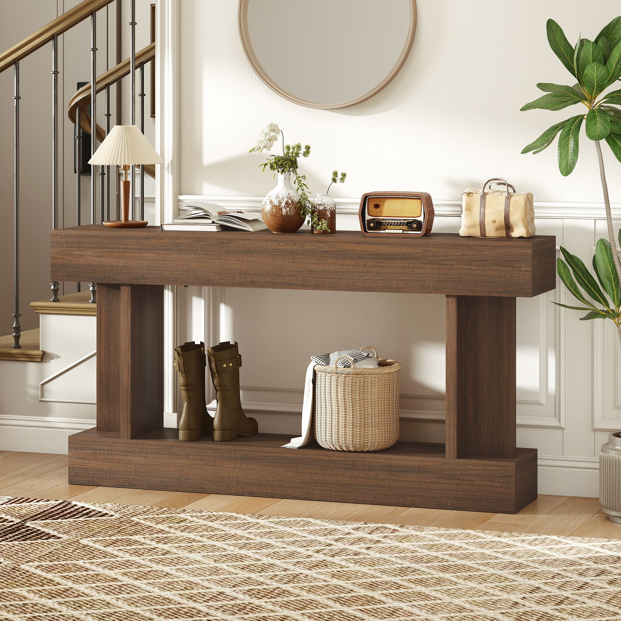 63 Inch Long Console Table, Vintage Narrow Entryway Table with Storage Shelf for Living Room and Hallway, Brown (Drop Shipping Only, Not for Amazon)