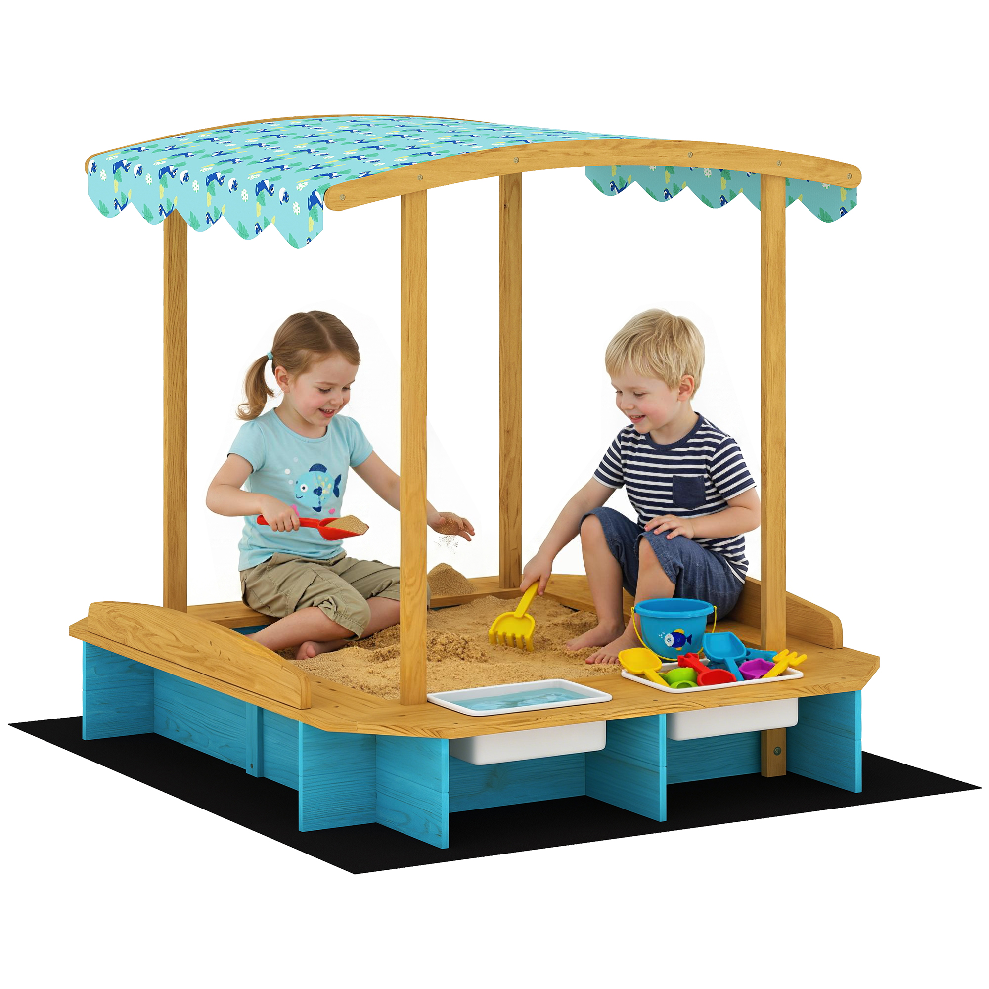 Wooden Sandbox with Dinosaur Print Canopy Kids Sandbox Outdoor with Bench Seats & 2 Storage Bins (Drop Shipping Only, Not for Amazon)