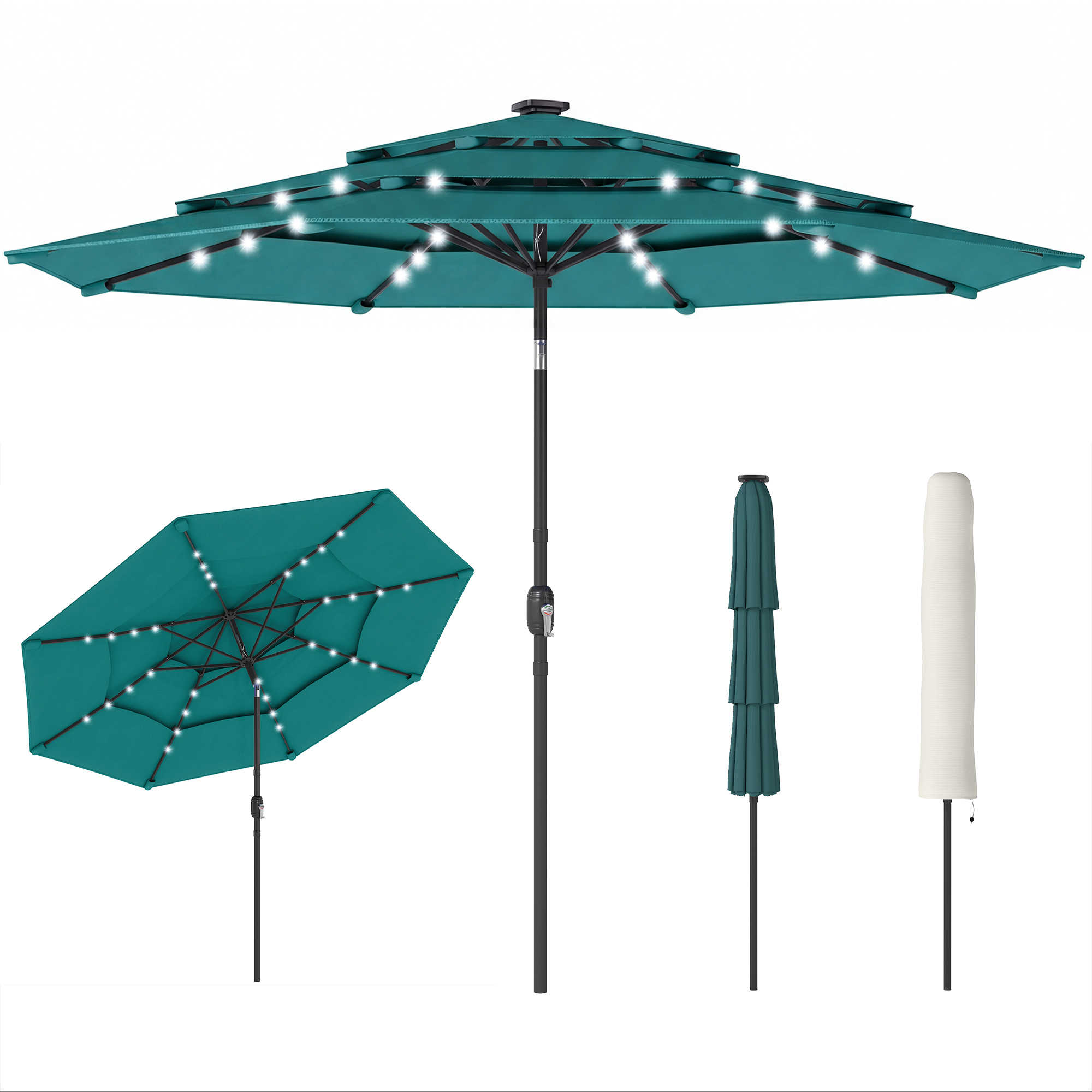 9.7 ft Outdoor Patio Umbrella with Solar LED Lights, 3 Tier Outdoor Table Umbrella with Tilt, Crank, Teal (Drop Shipping Only, Not for Amazon)