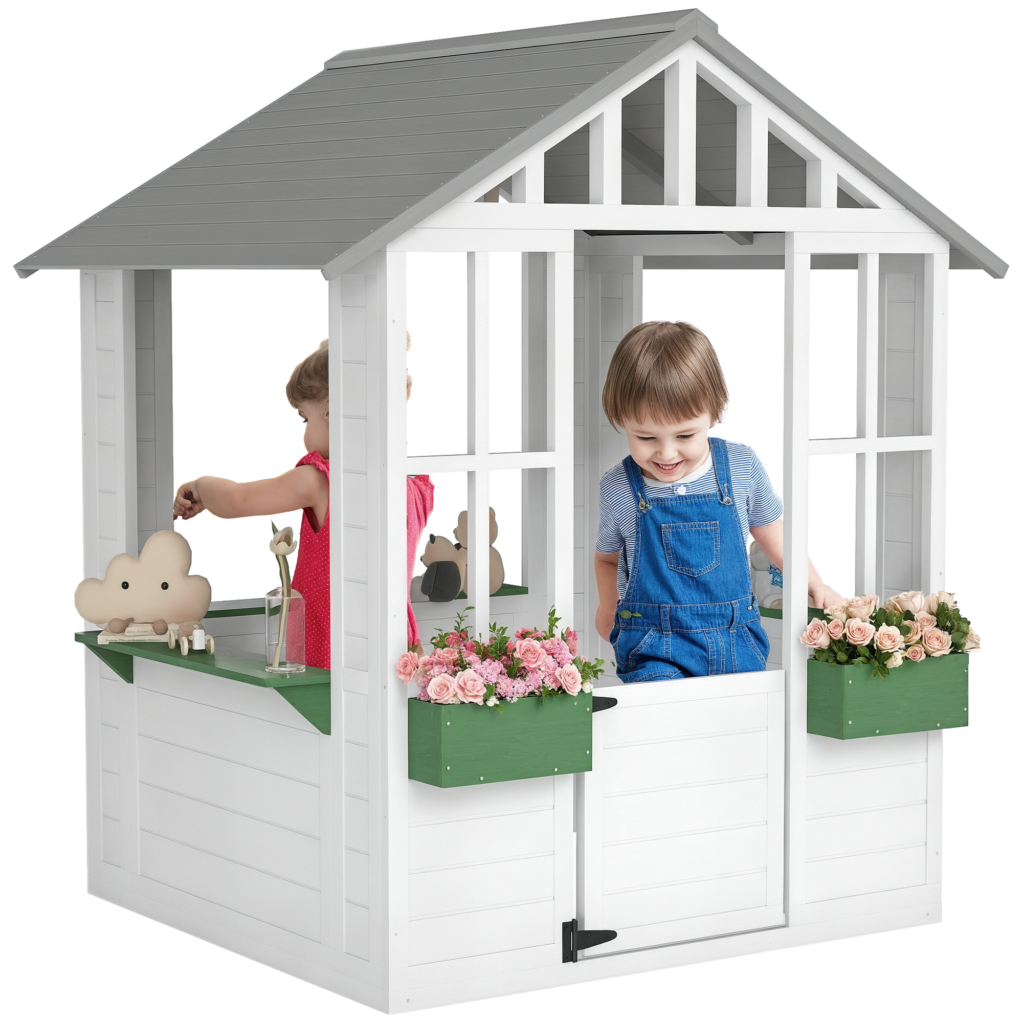 Kids Wooden Playhouse, Outdoor Garden Games Cottage with Flowers Pot Holder, Working Door, Windows, White (Drop Shipping Only, Not for Amazon)