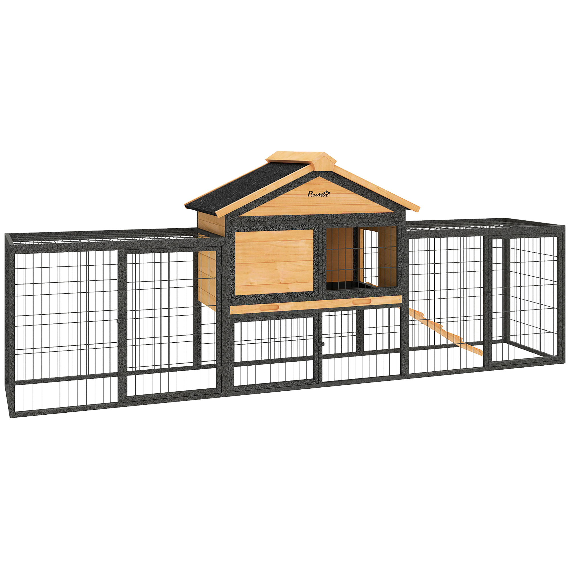 Wooden Rabbit Hutch Outdoor with Steel Run, Wooden Guinea Pig Cage with Removable Plastic Tray, Asphalt Roof, Ramp (Drop Shipping Only, Not for Amazon)