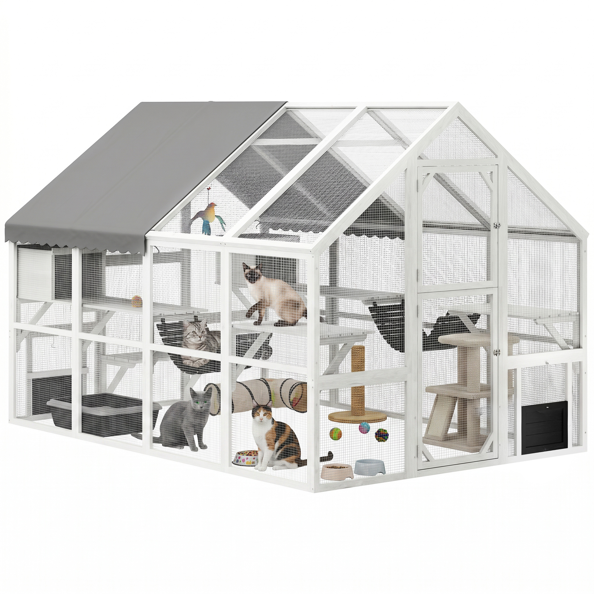 Wooden Catio Outdoor Cat Enclosure with Waterproof Cover, 2 Condos, 6 Platforms, Bridge, Doors, White (Drop Shipping Only, Not for Amazon)