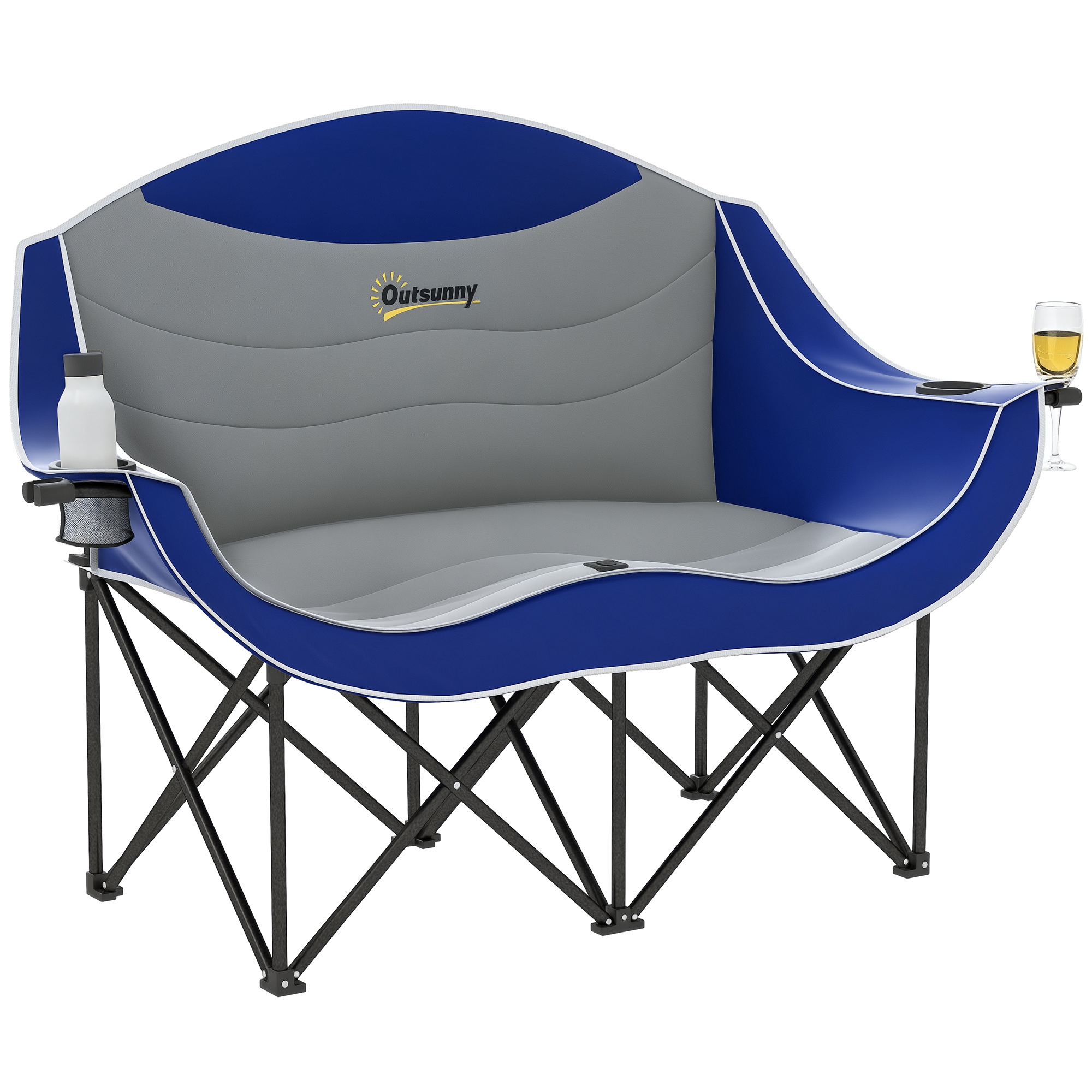 Padded Folding Camp Chair for Adults, Double Camping Chair with Armrests, Cup Holders, Carry Bag for Outdoor, Blue (Drop Shipping Only, Not for Amazon)