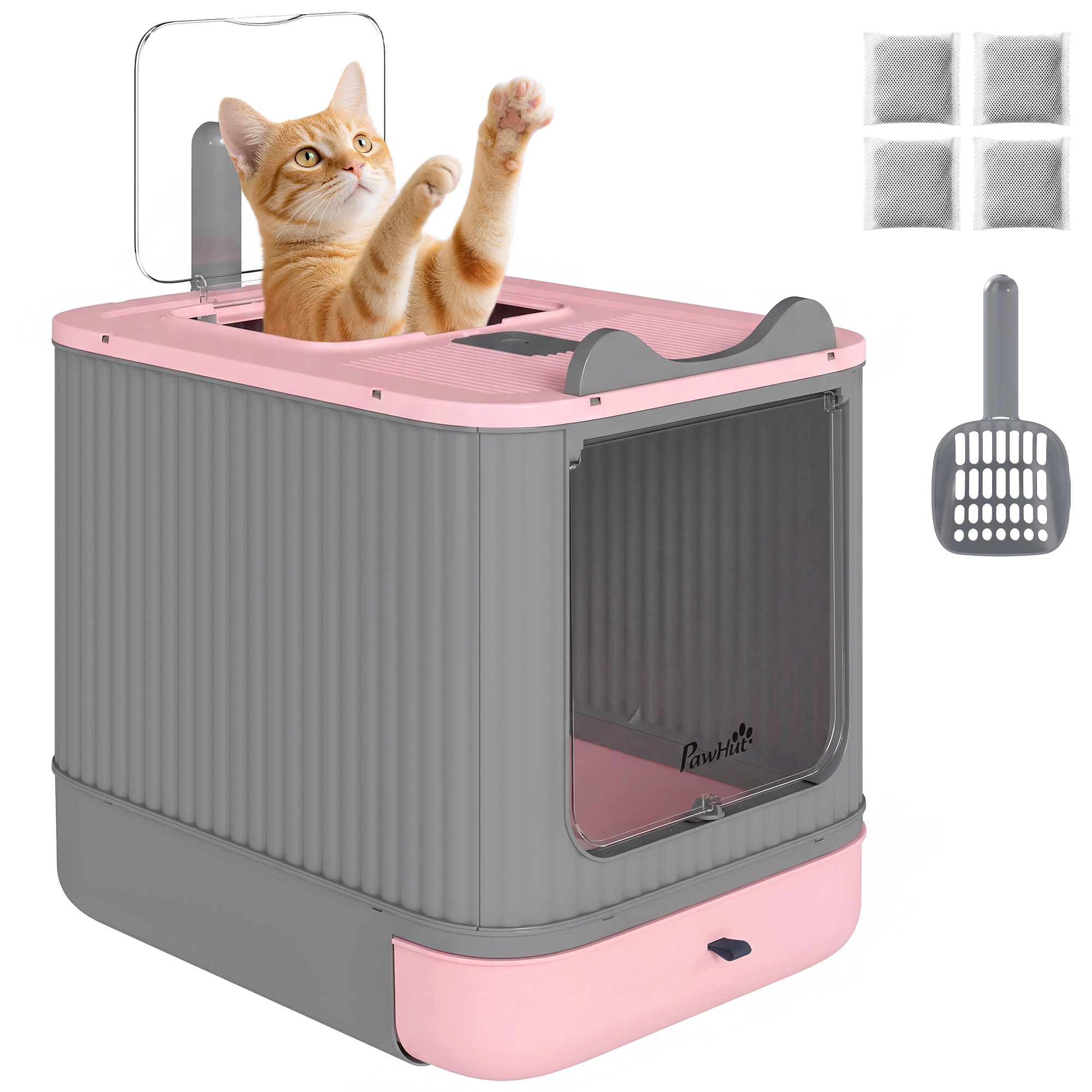 Cat Litter Box with Lid, Enclosed Litter Box for Medium Cats, Front-Entry and Top-Exit, Scoop, Deodorizer Bag, Pink (Drop Shipping Only, Not for Amazon)